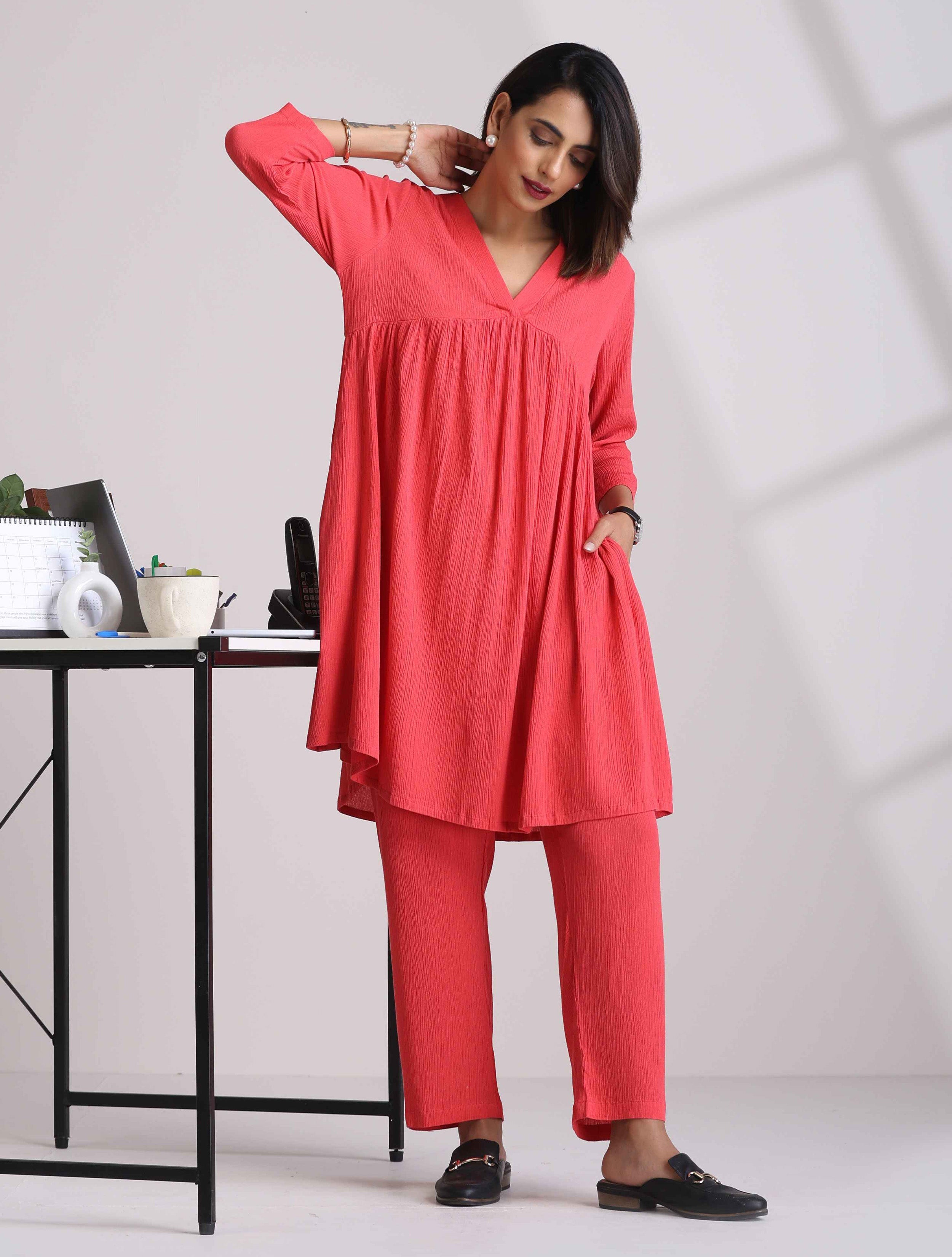 trueBrowns Peach Crinkle Flared Kurta Co-ord Set