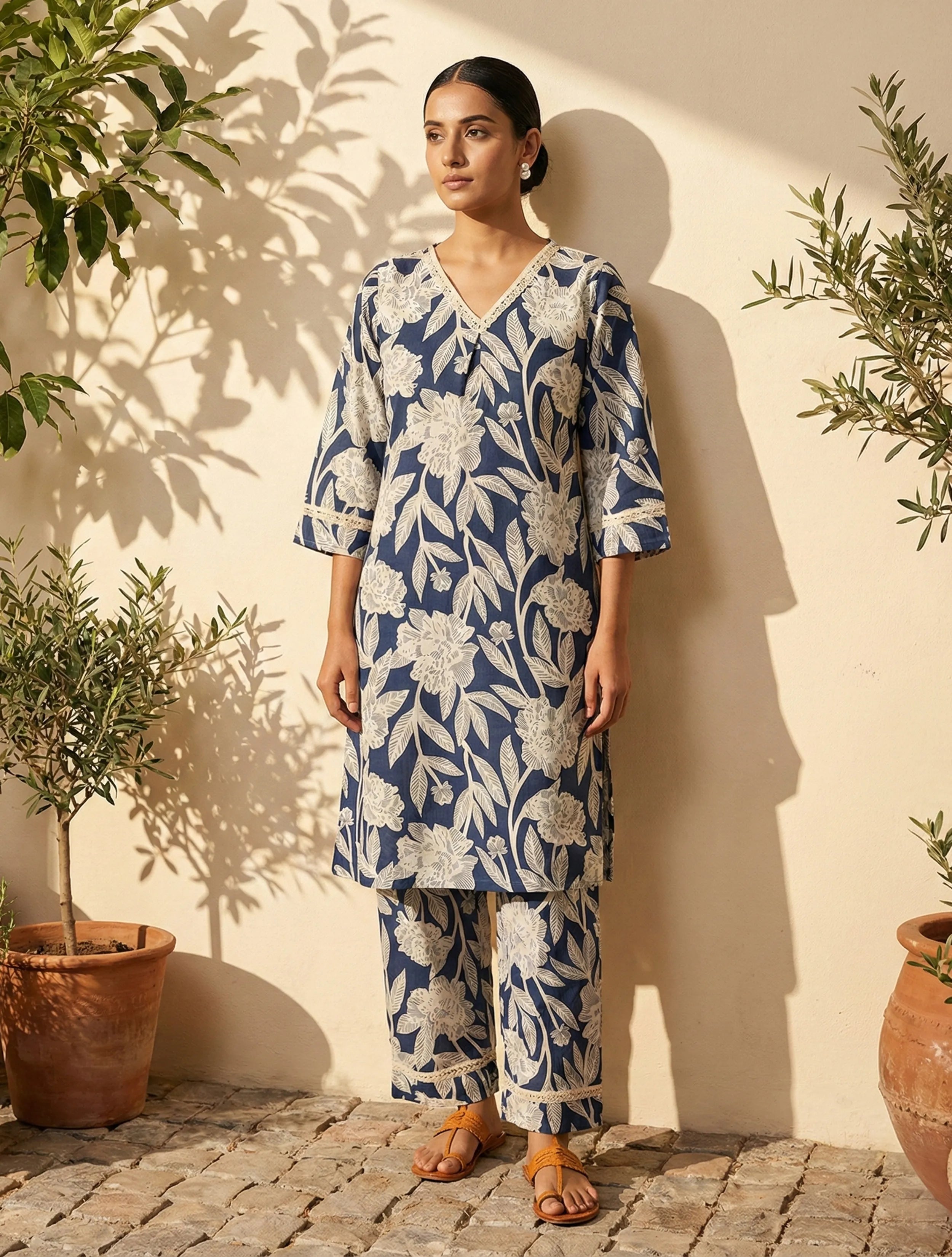 trueBrowns Navy Blue Floral Print Kurta Co-Ord Set
