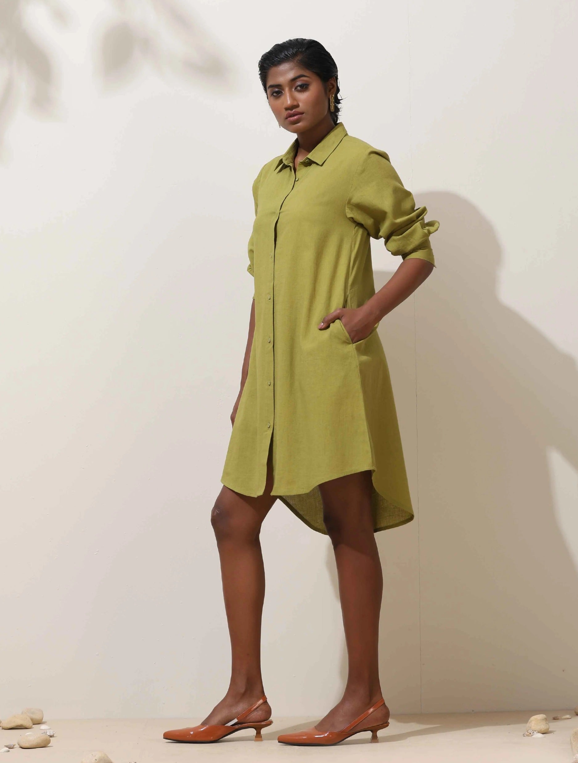 trueBrowns Pear Green Cotton Linen Dress