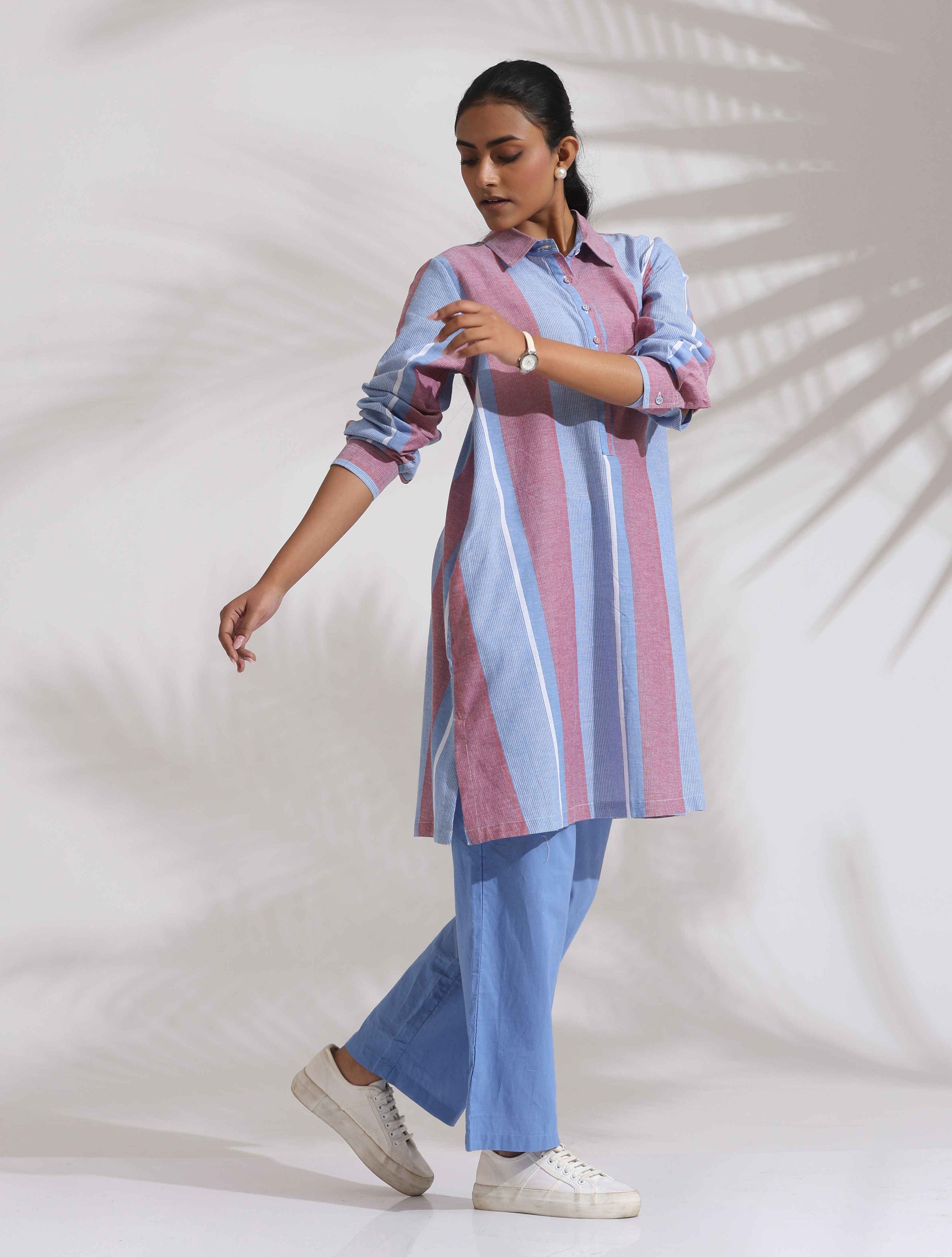 trueBrowns Blue Cotton Stripe Kurta Co-ord Set