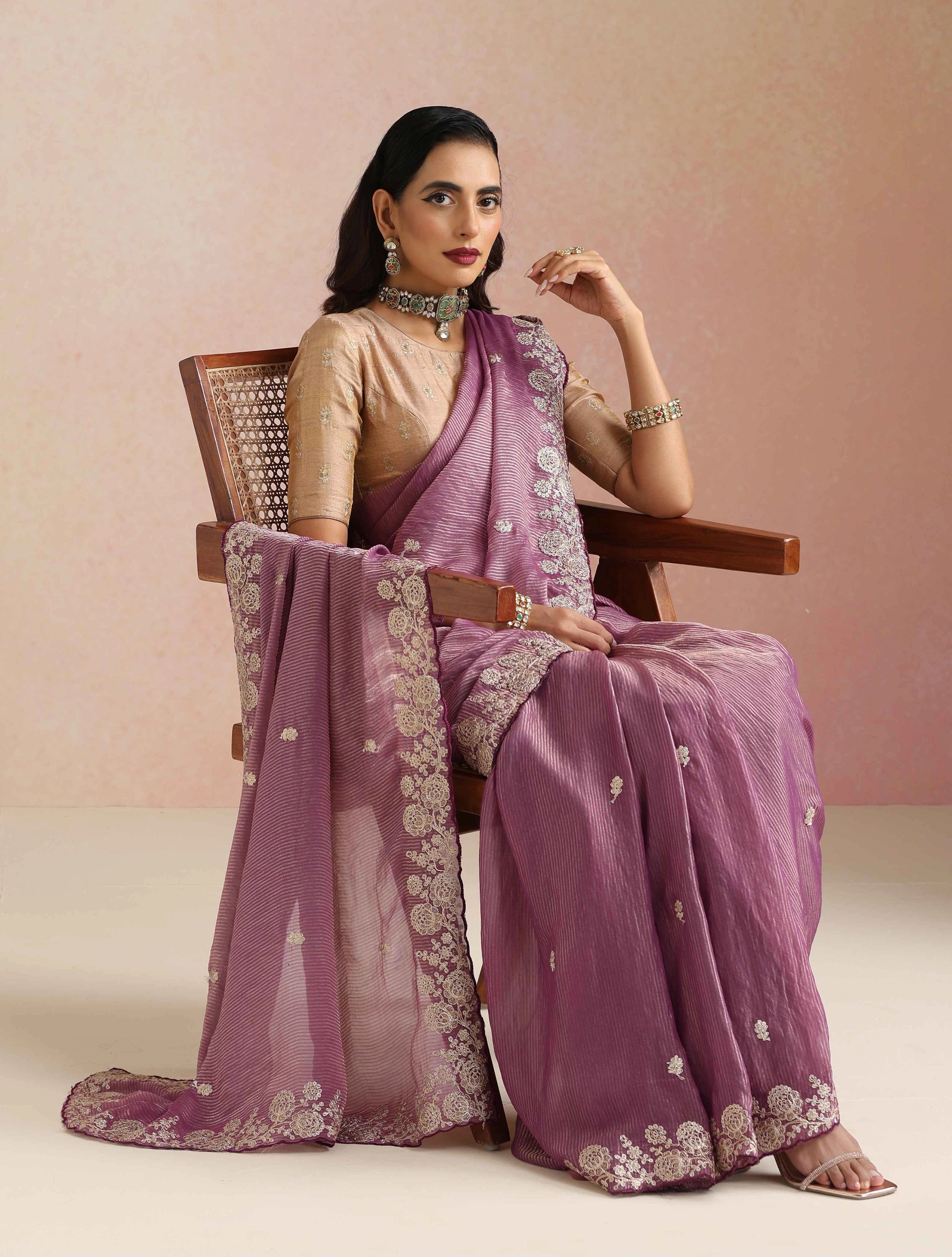 trueBrowns Purple Tissue Stripe Embroidery Weave Saree With Unstitched Blouse