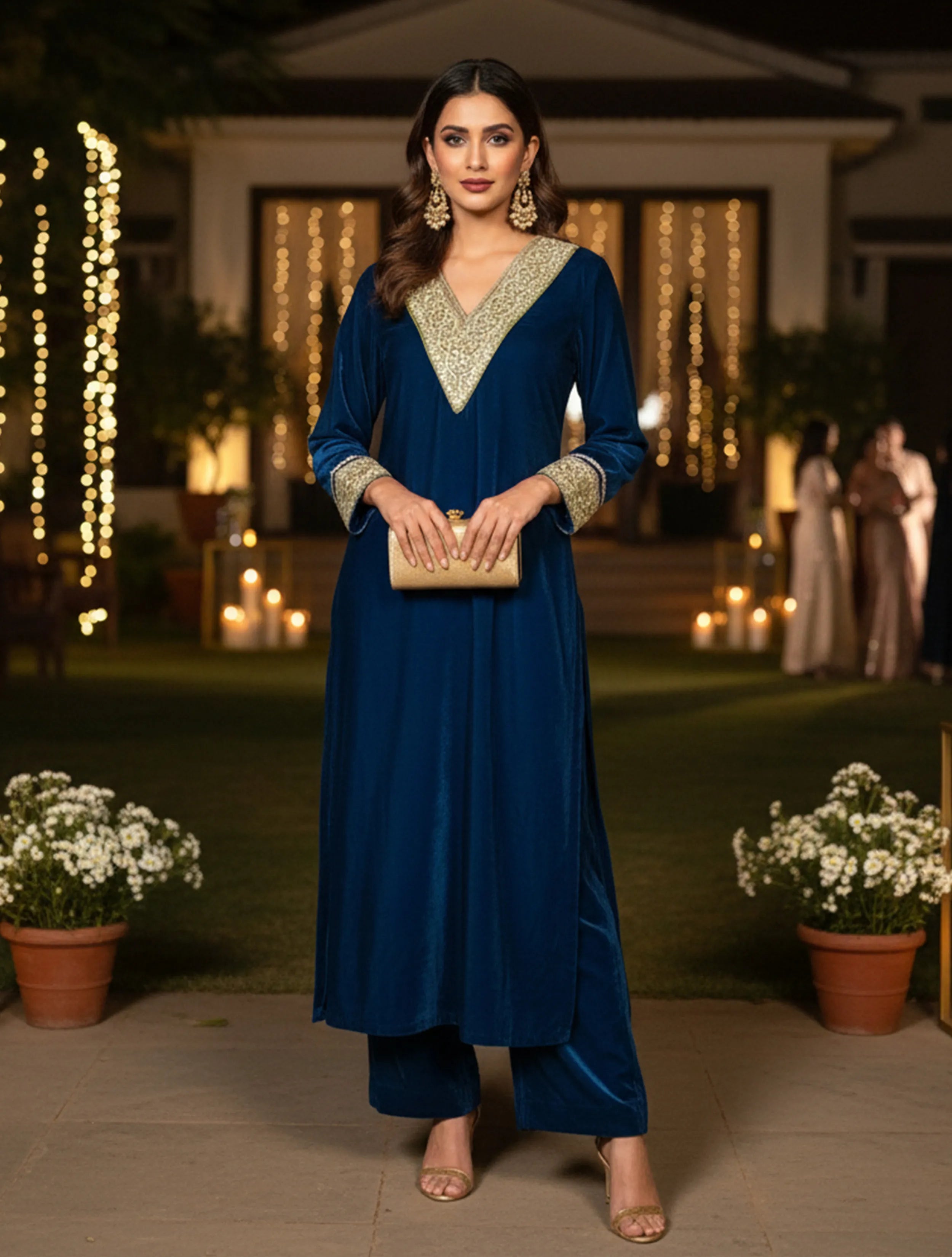 trueBrowns Blue V-Neck Velvet Kurta