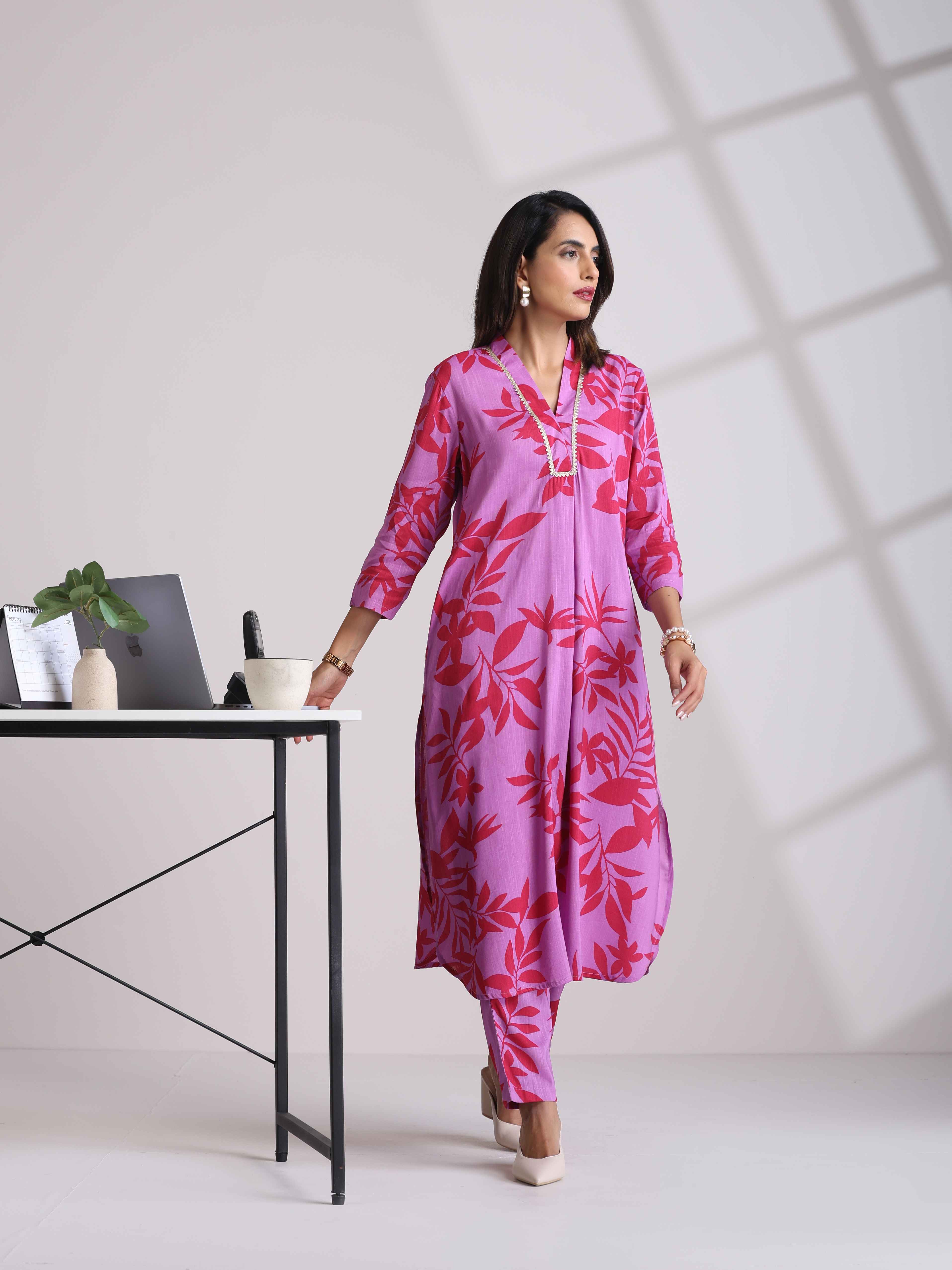trueBrowns Purple Print Straight Kurta Set