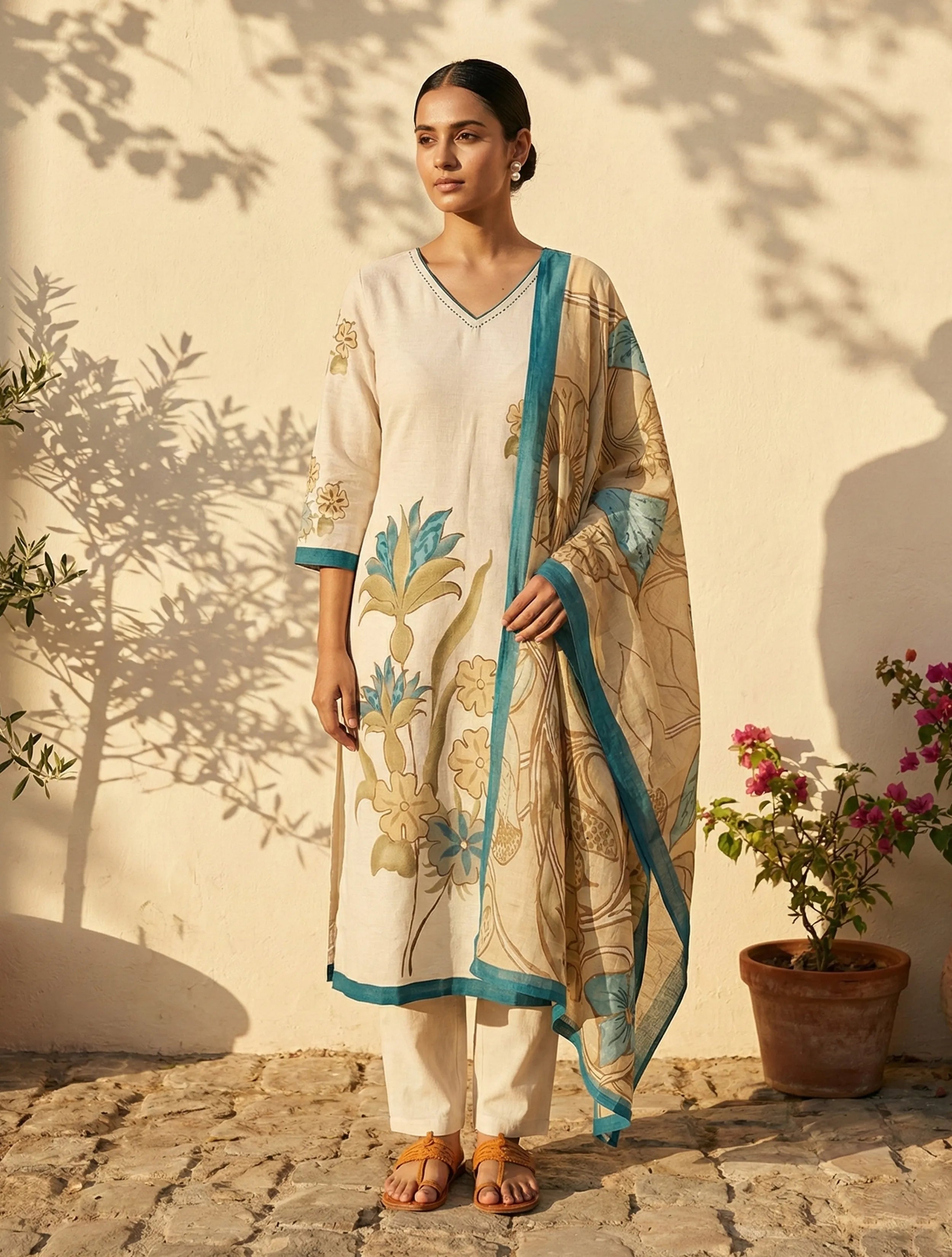 trueBrowns Ivory Blue Floral Print V-Neck Kurta Pant Set