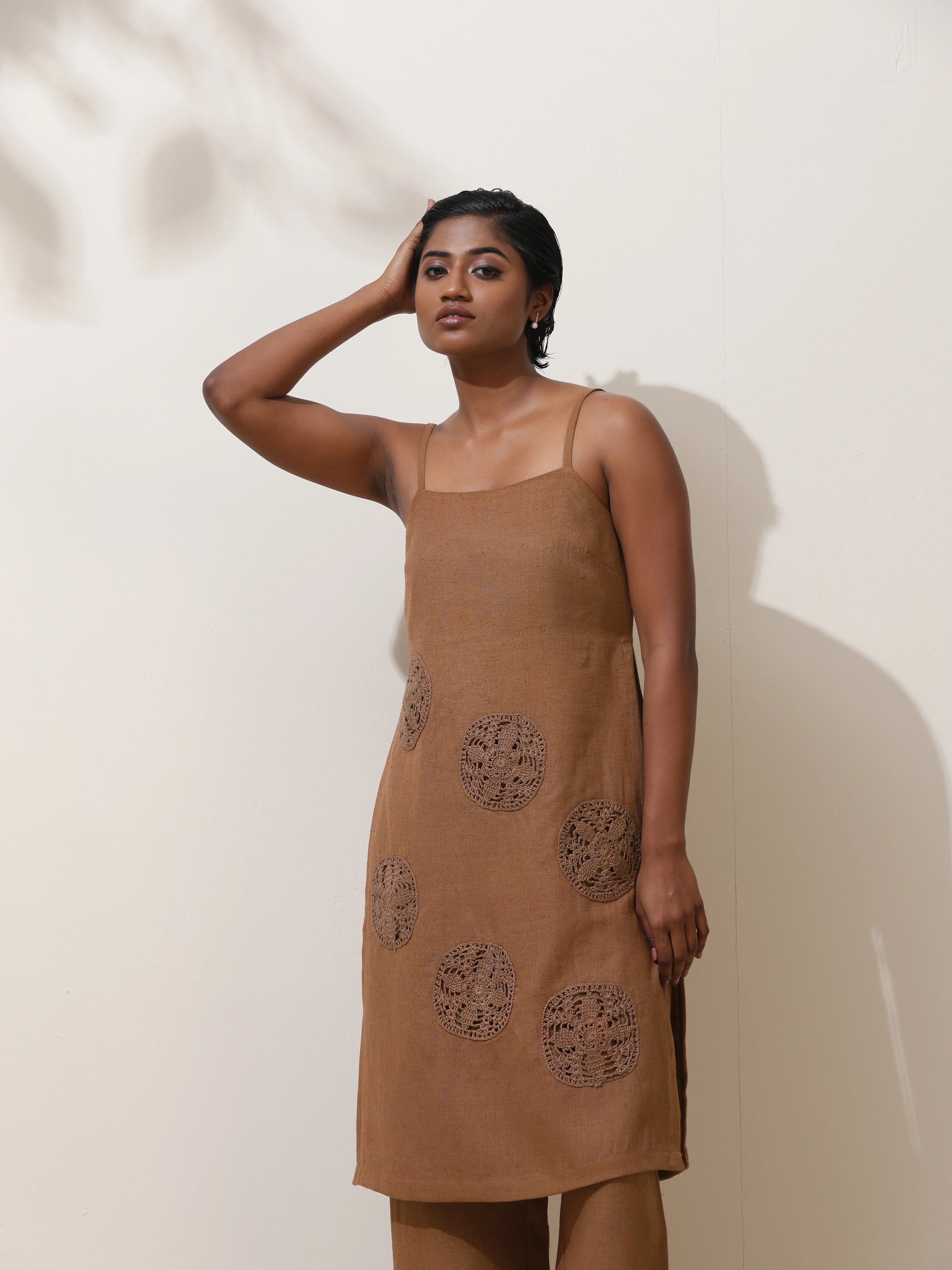 trueBrowns Kora Brown Crochet Natural Cotton Kurta Co-ord Set