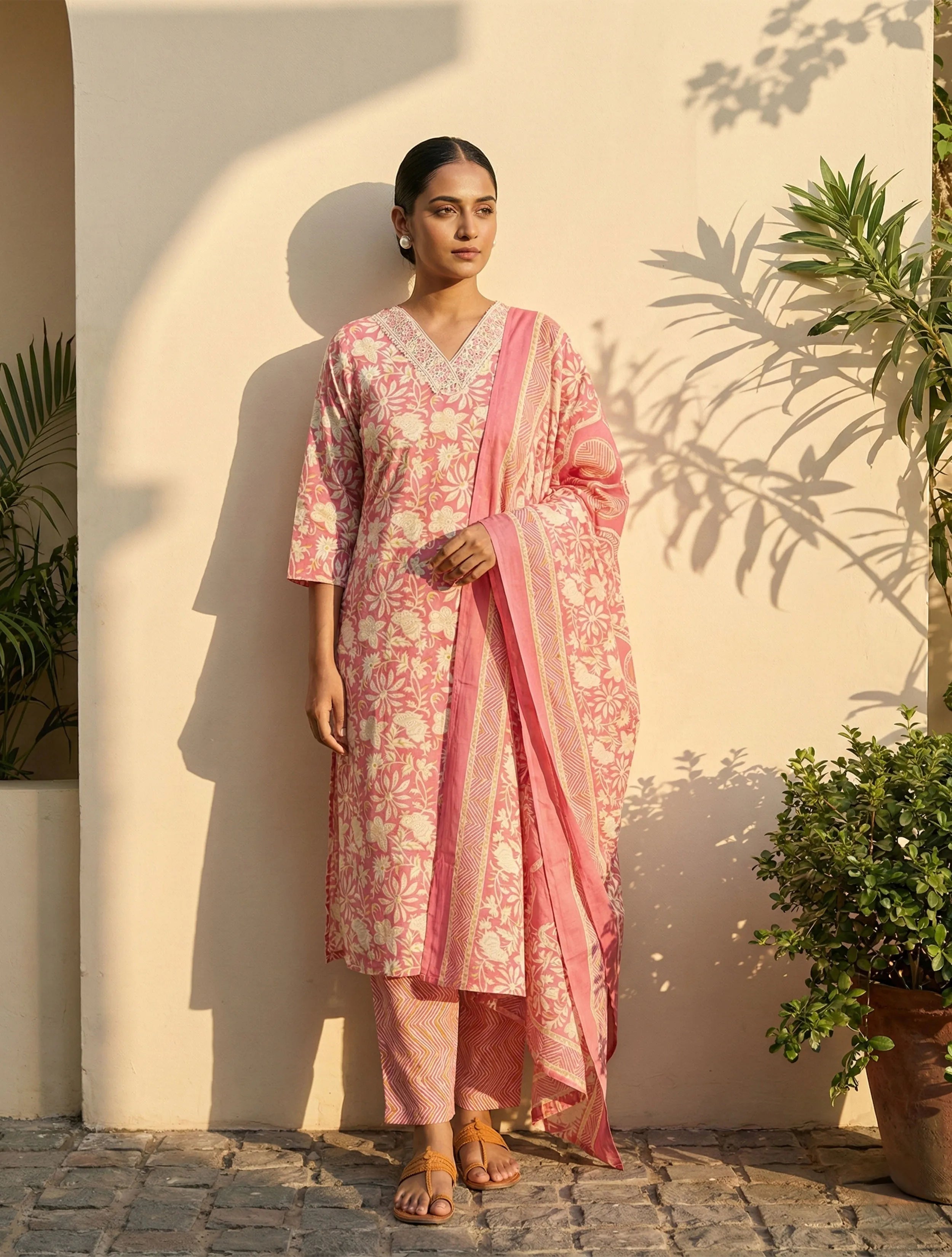 trueBrowns Pink Floral Print Kurta Pant Dupatta Set