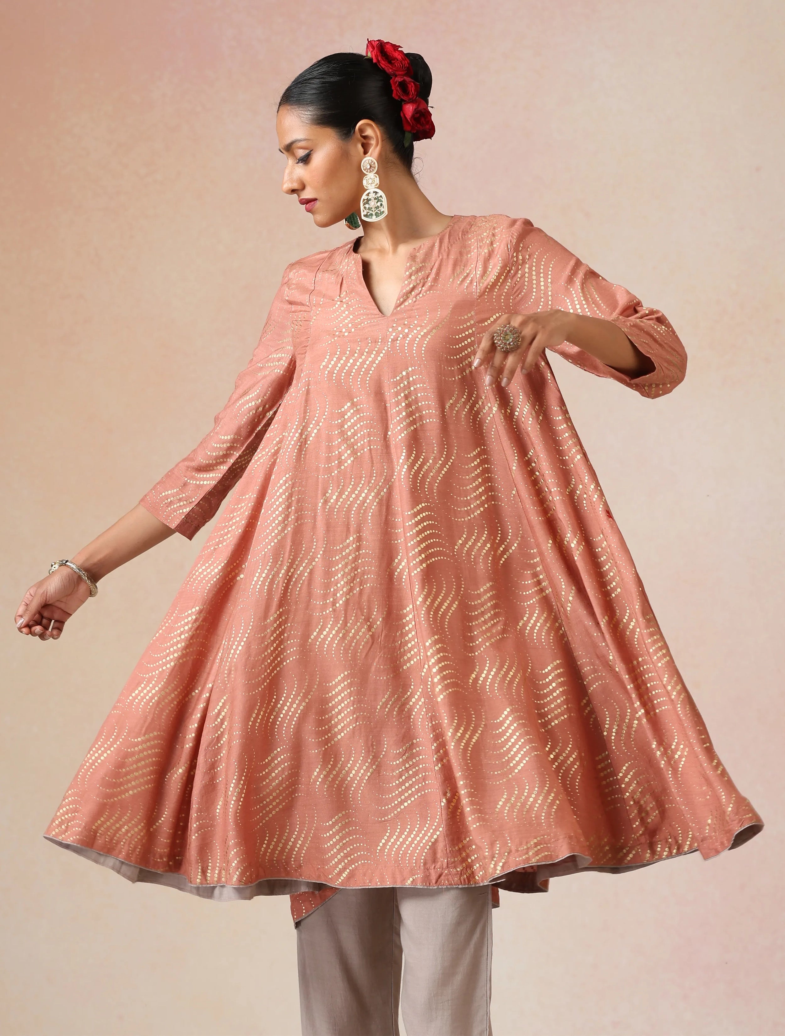 trueBrowns Peach Gold Foil Print Muslin Silk Flared Kurta Co-ord Set