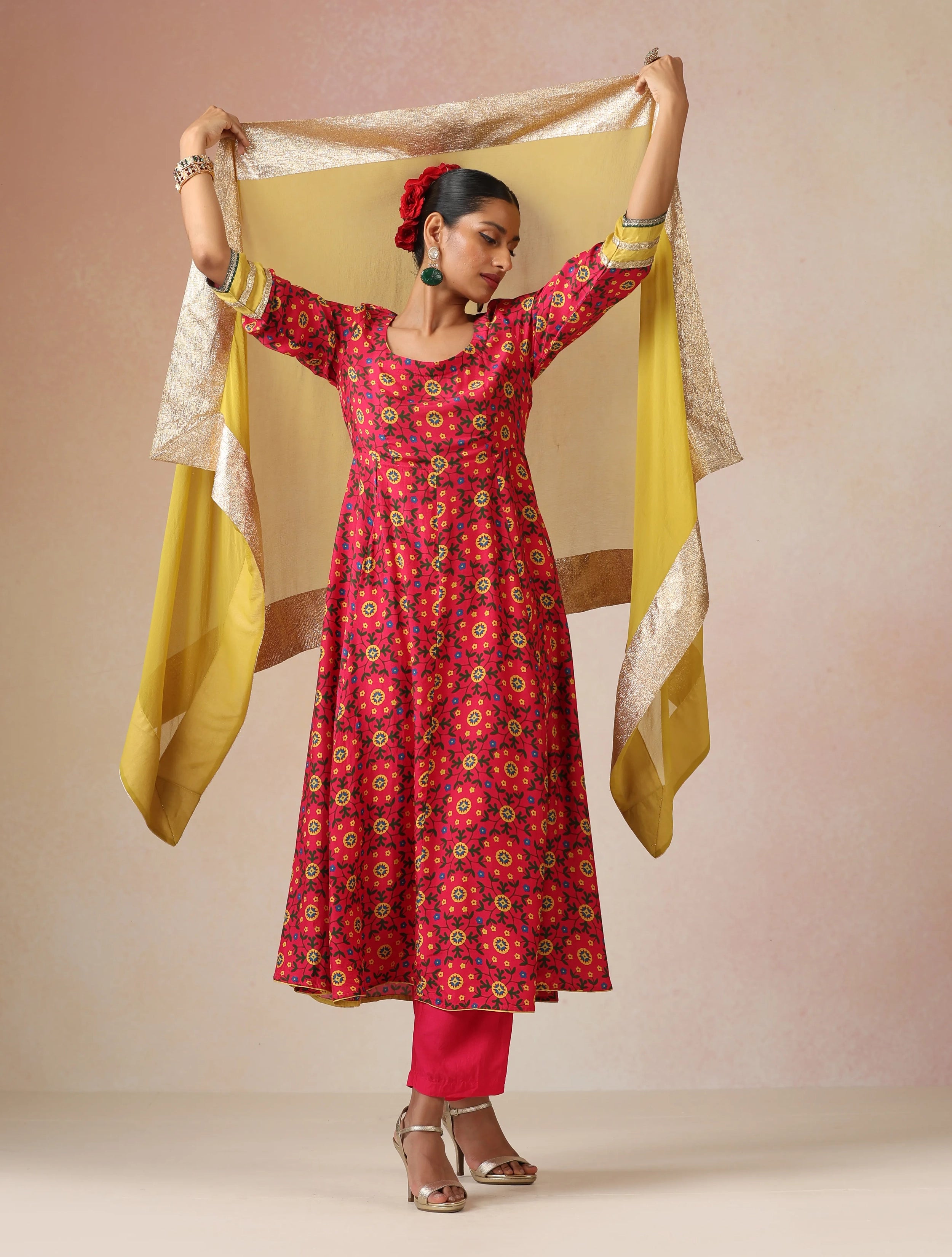 trueBrowns Pink Green Floral Print Viscose Anarkali Kurta Pants Dupatta Set