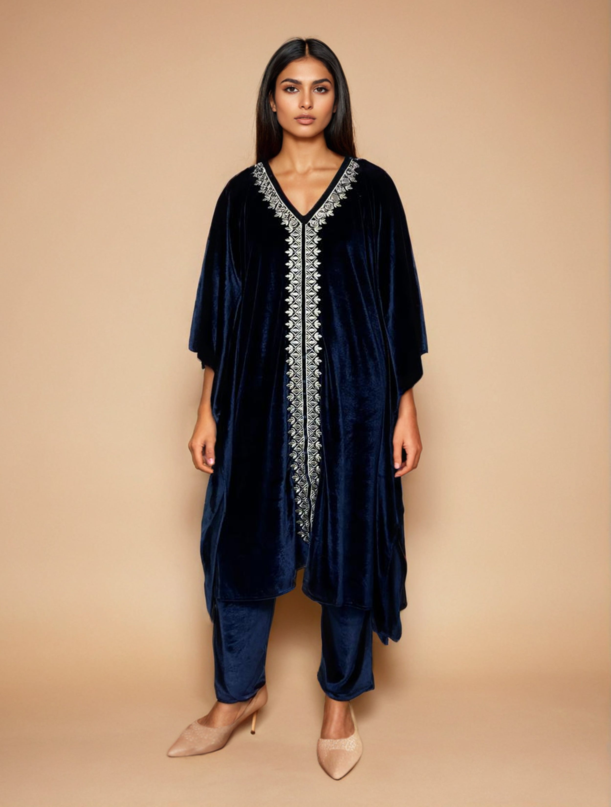 trueBrowns Navy Blue Velvet Embroidered Kaftan Kurta Set