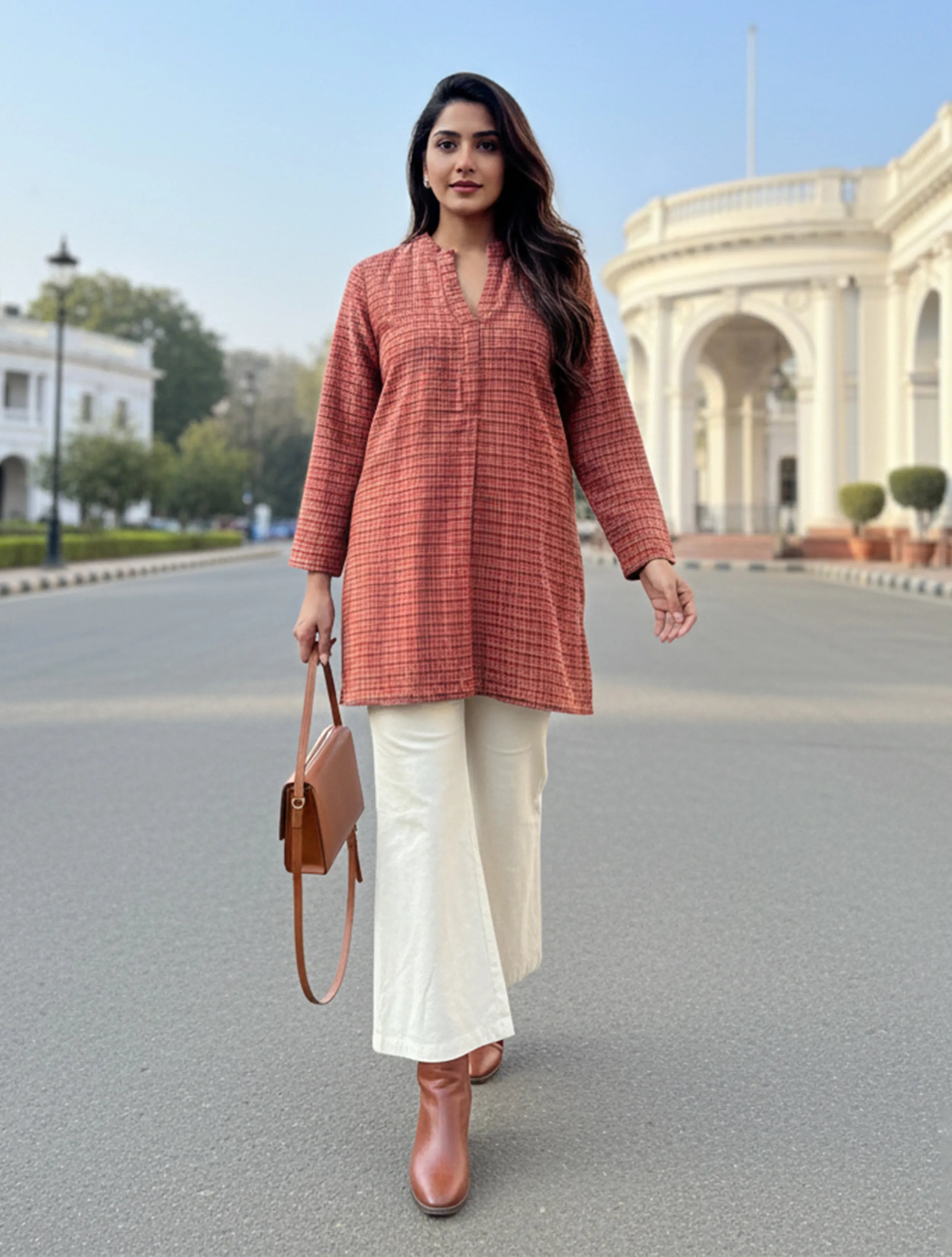 trueBrowns Rust Check Round V-Neck Woollen Top