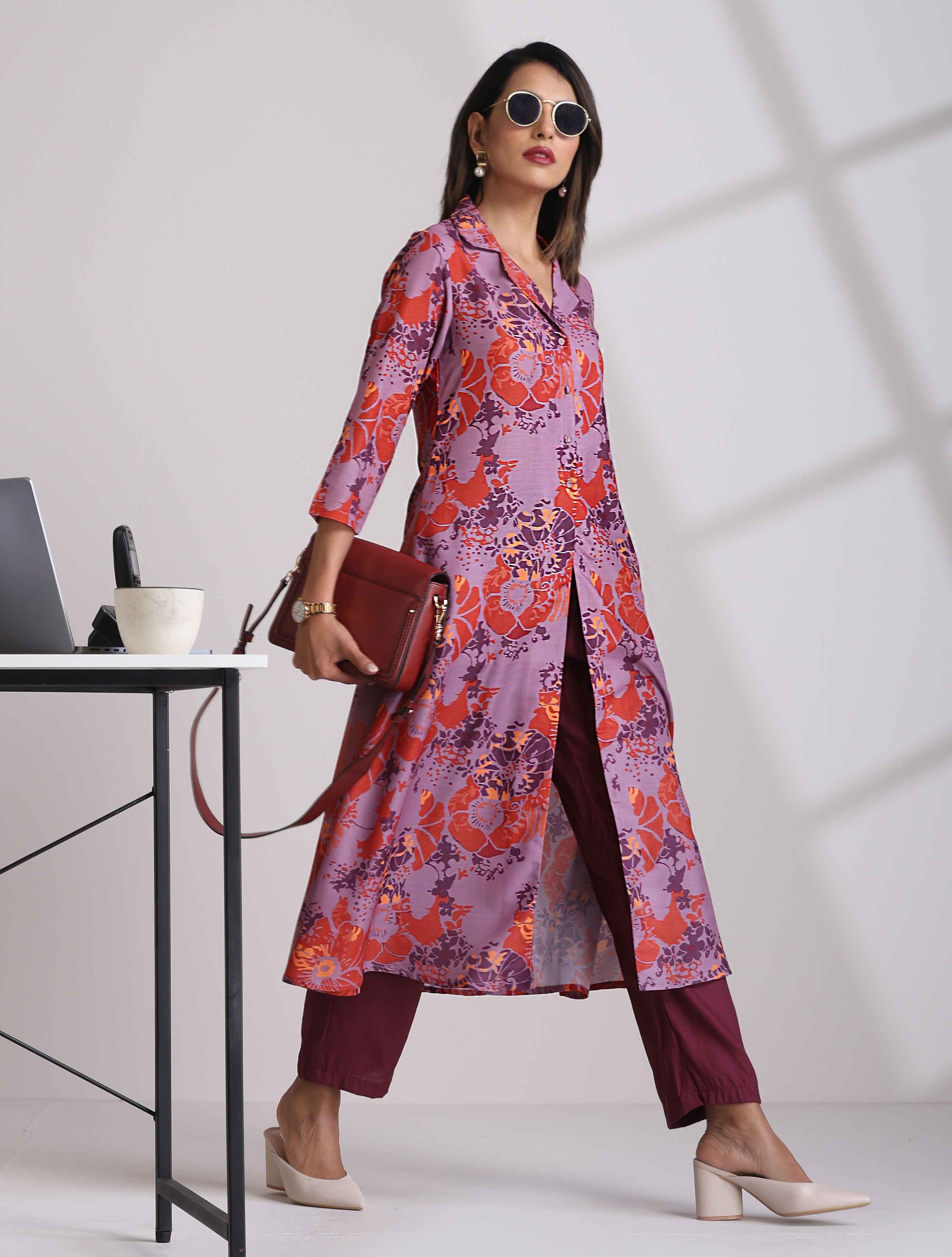 trueBrowns Purple Print Shirt Kurta Set