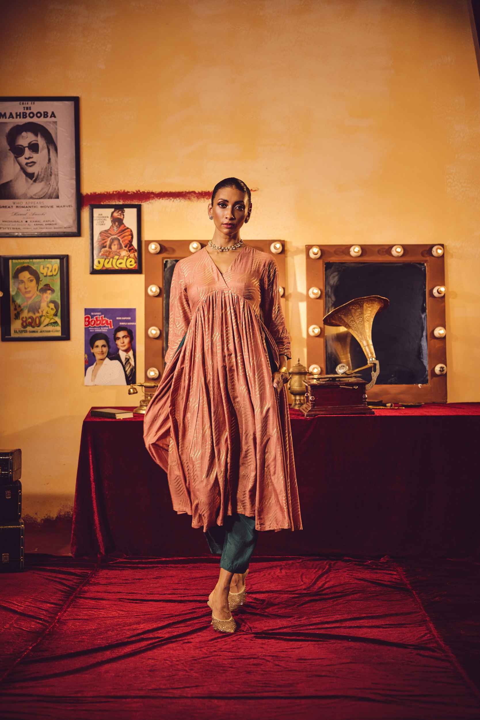 trueBrowns Peach Gold Foil Print Muslin Silk Anarkali High-Slit Kurta Set