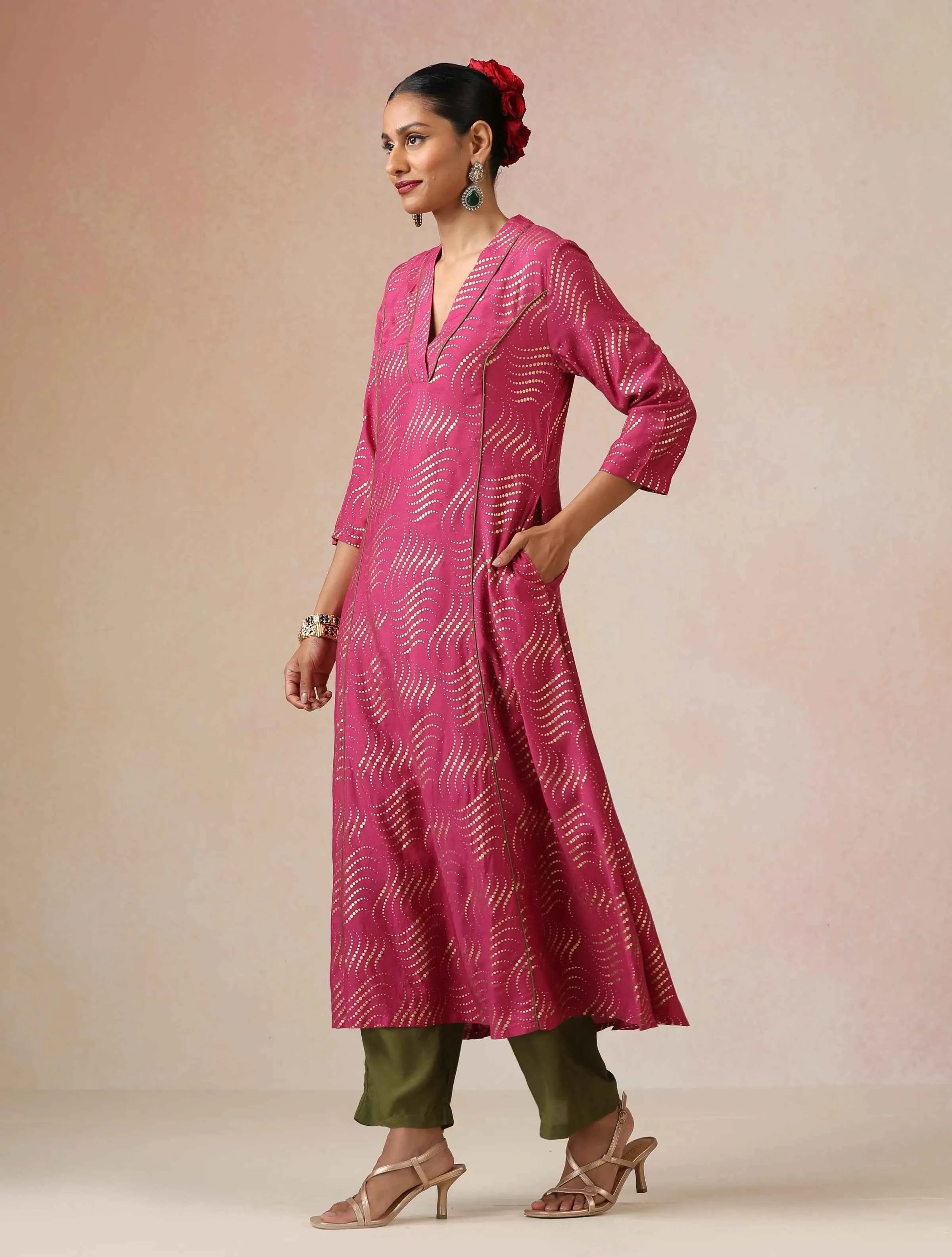 trueBrowns Pink Gold Foil Print Muslin Silk A-line Kurta Set