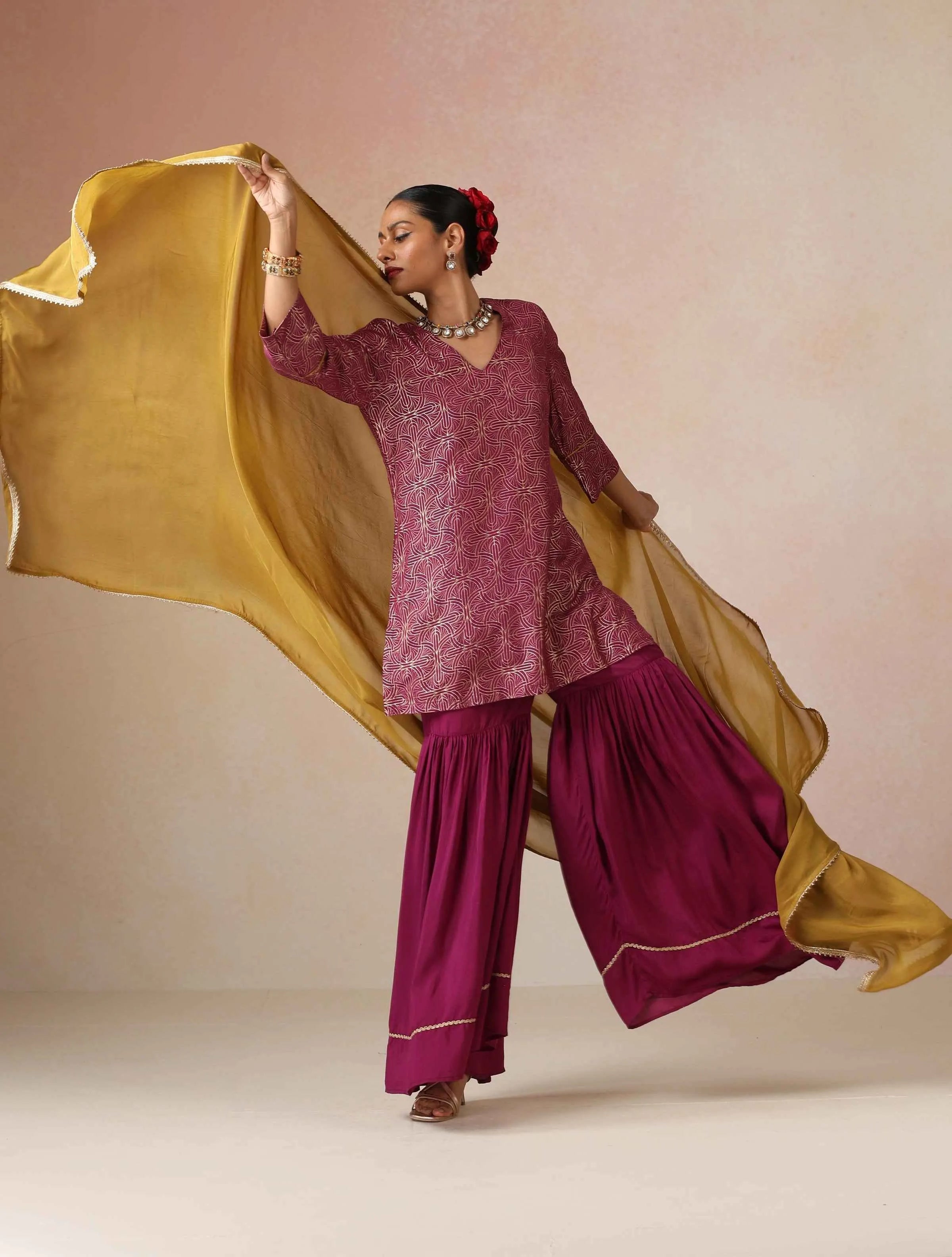 trueBrowns Magenta Gold Foil Print Muslin Silk Sharara Set