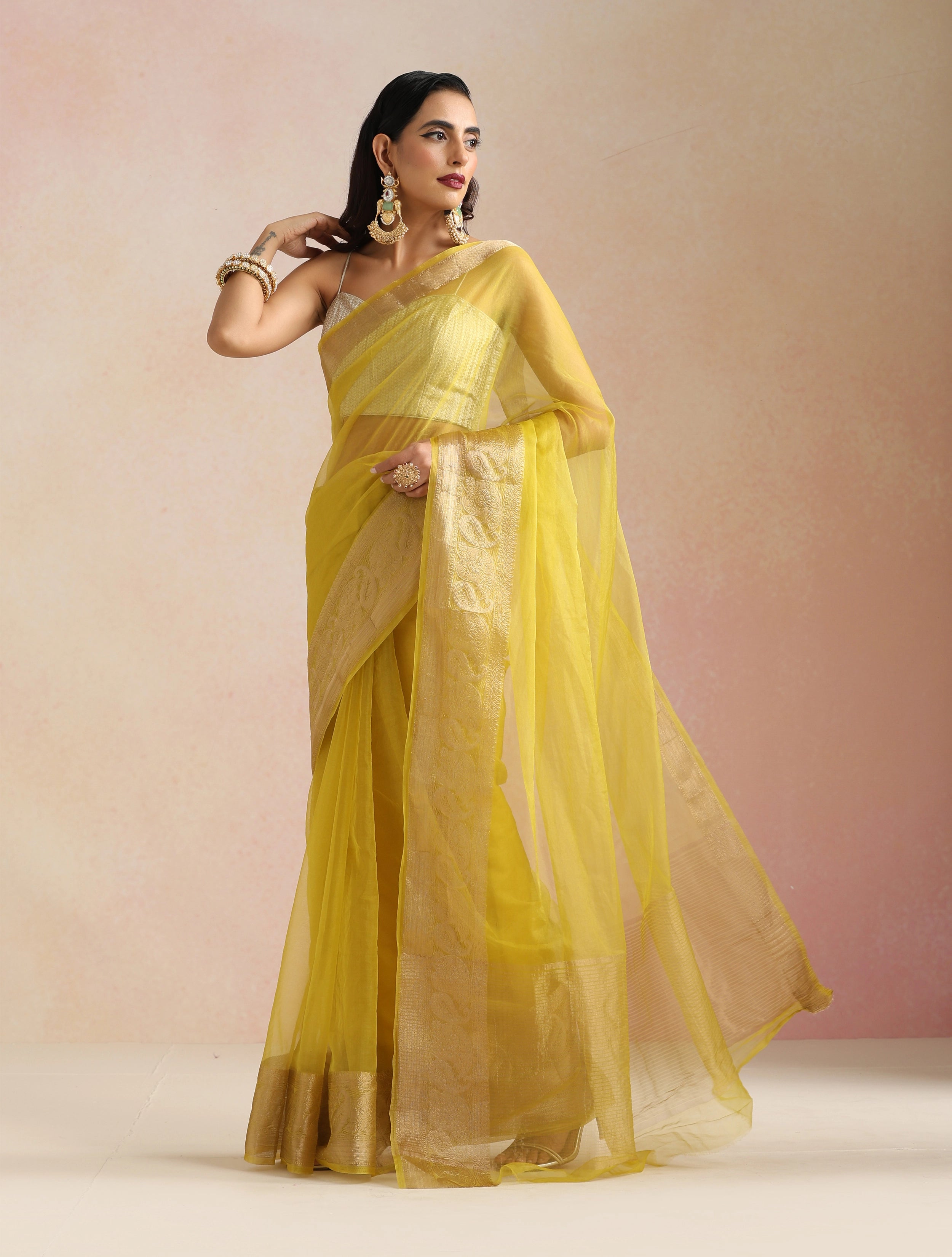 trueBrowns Lime Organza Saree With Unstitched Blouse