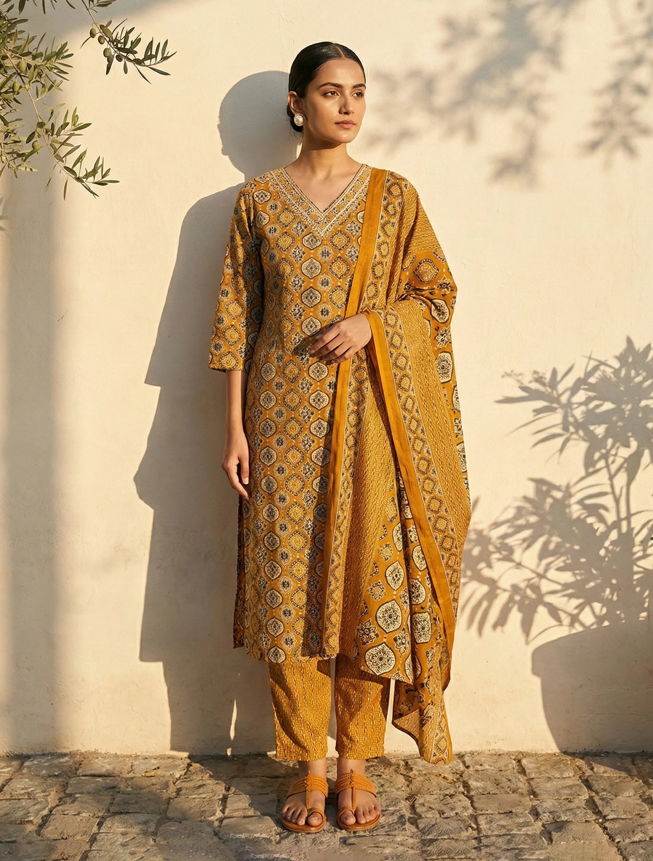 trueBrowns Mustard Print Embroidered V-Neck Kurta Pant Dupatta Set