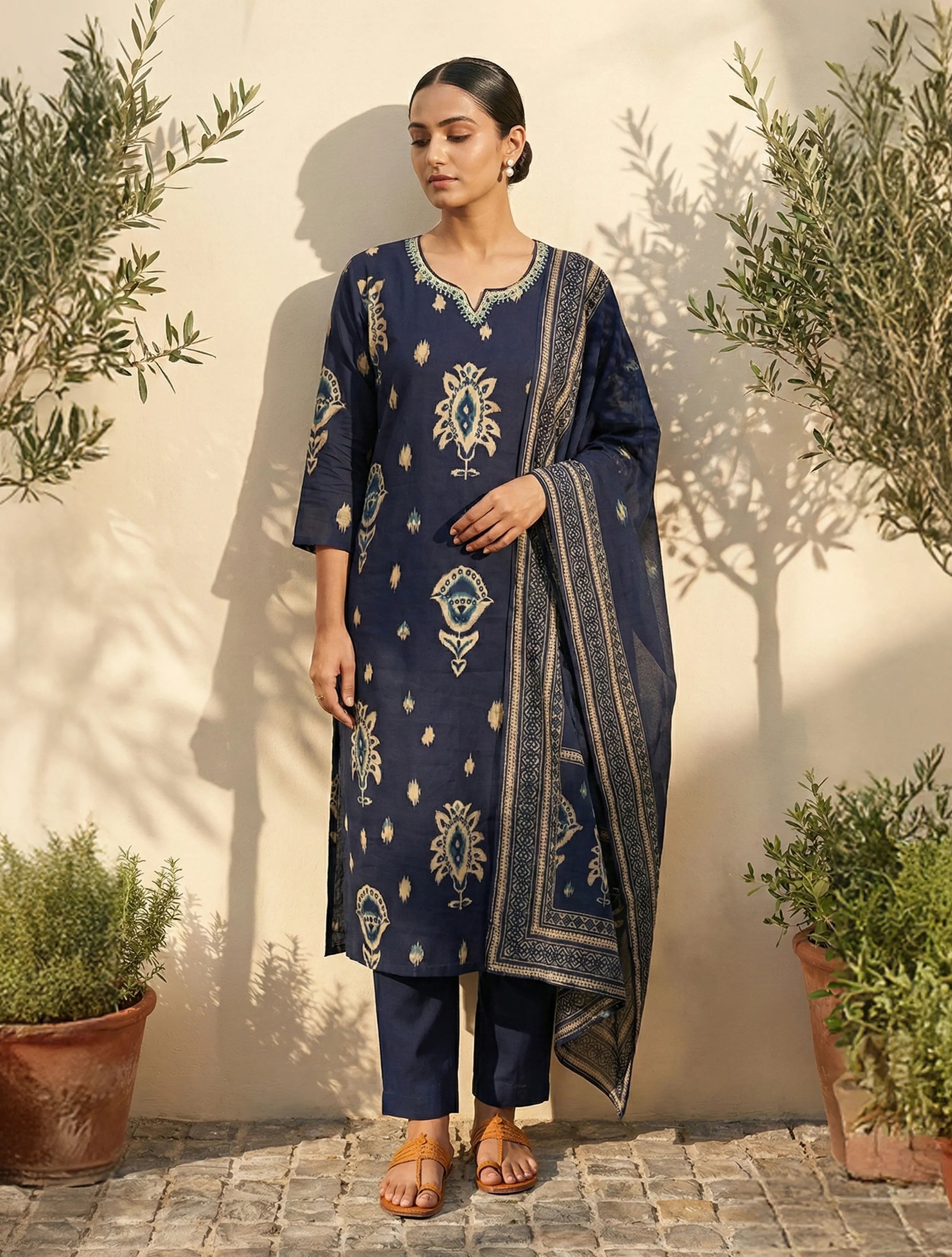 trueBrowns Blue Print Embroidered Round With V-Neck Kurta Pant Dupatta Set