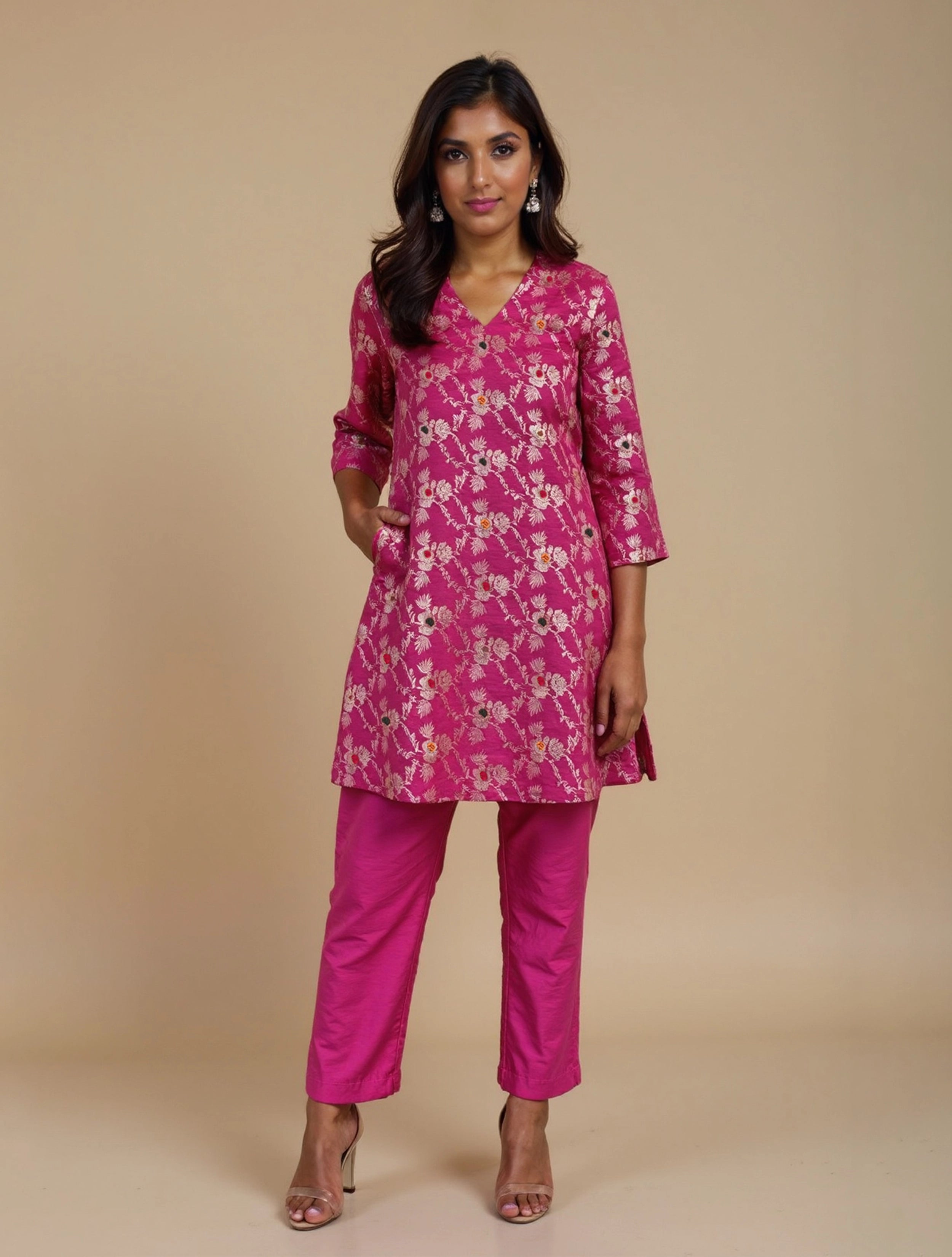trueBrowns Pink Brocade A-Line Kurta Co-Ord Pants Set