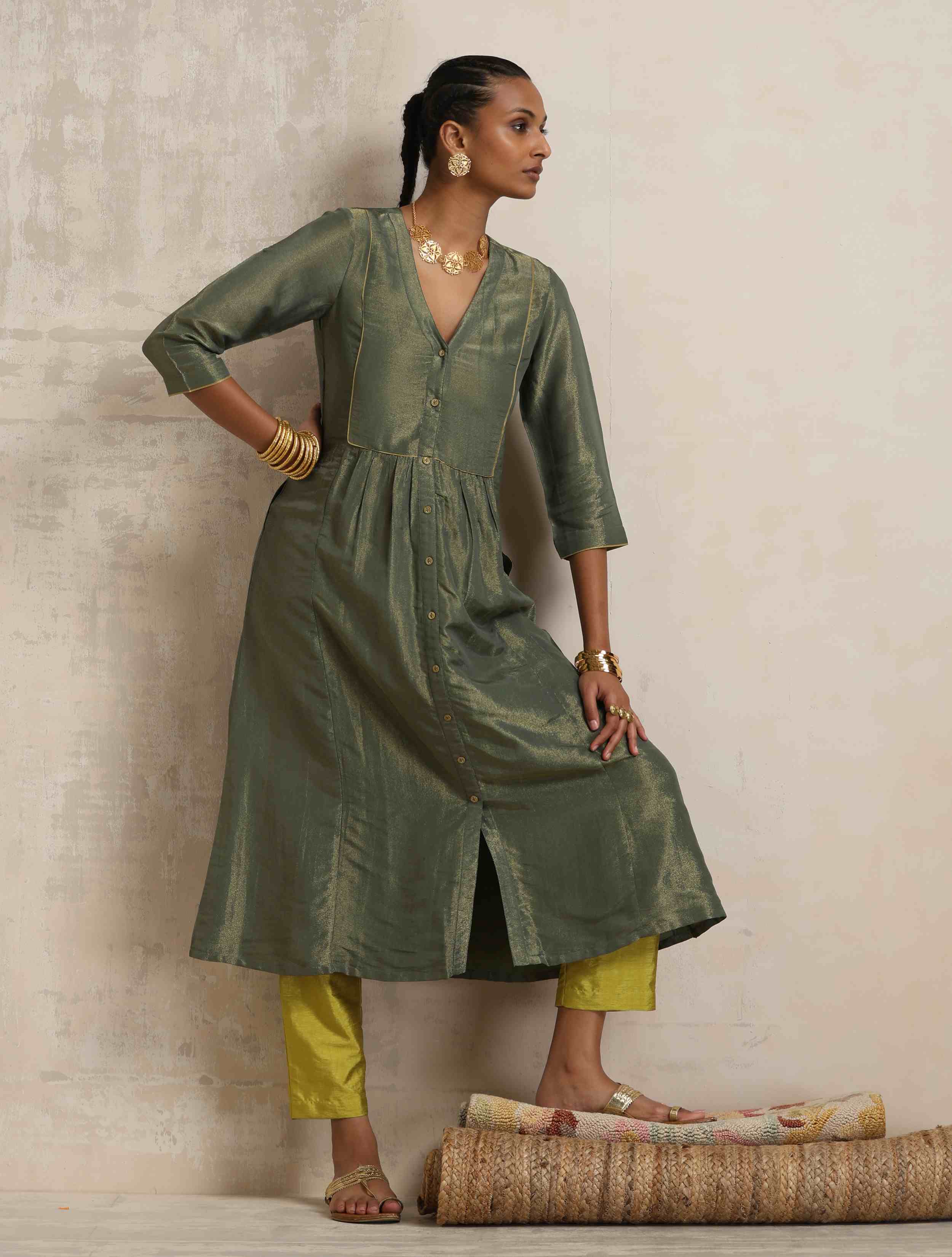 trueBrowns Green Tissue A-line Kurta Set