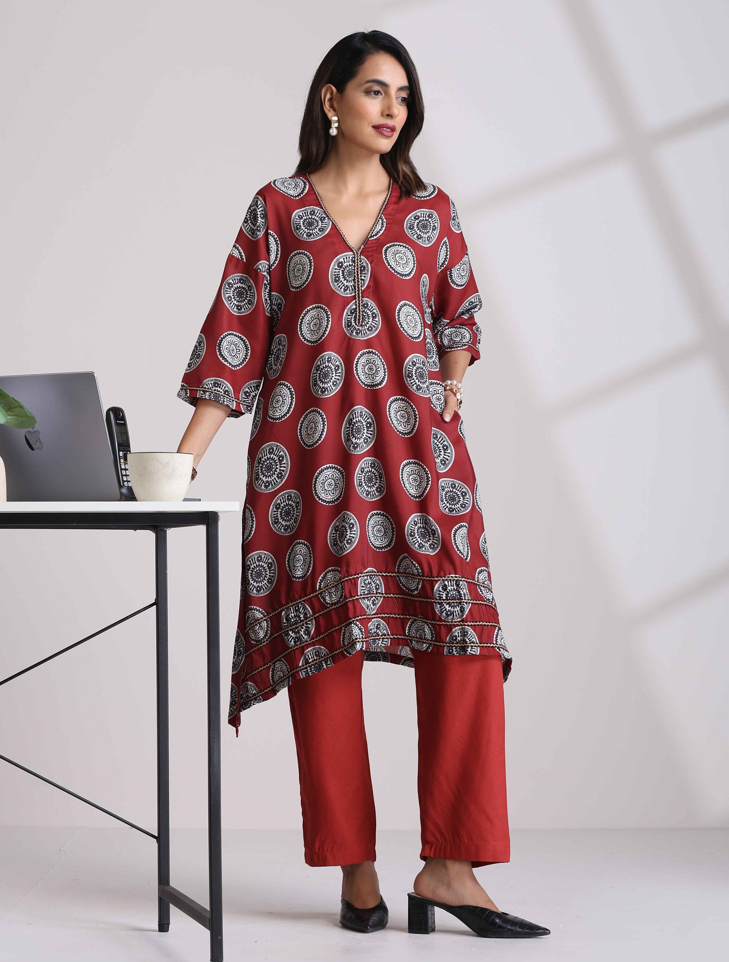 trueBrowns Maroon Print A-line Kurta Co-ord Set