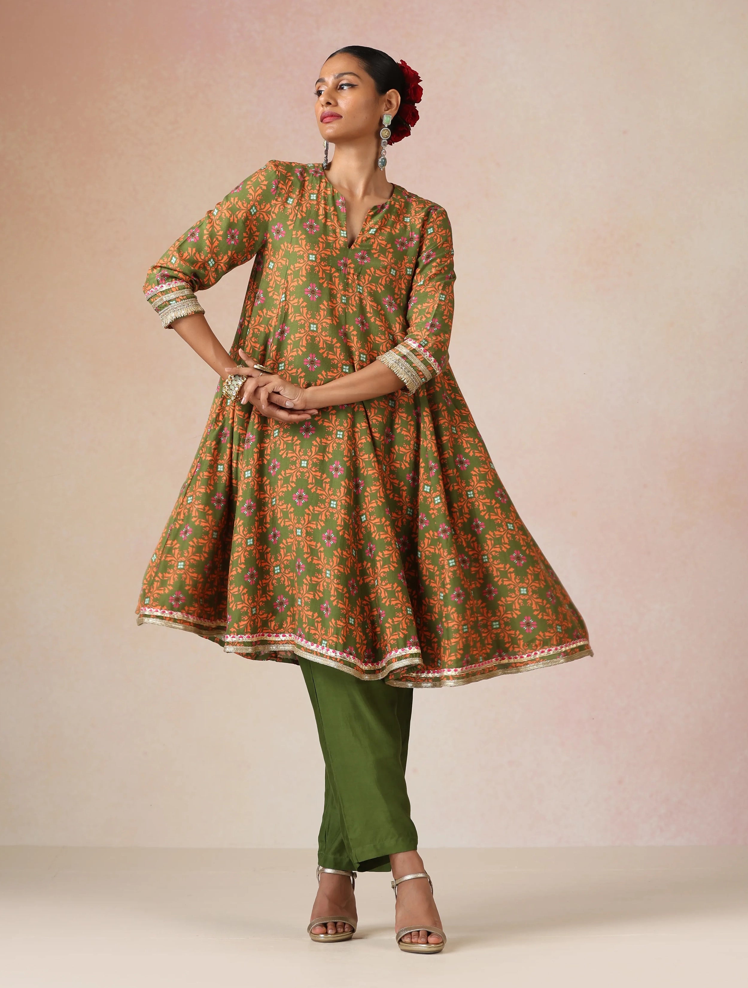 trueBrowns Dark Green Orange Jaal Print Viscose Flared Kurta Co-ord Set