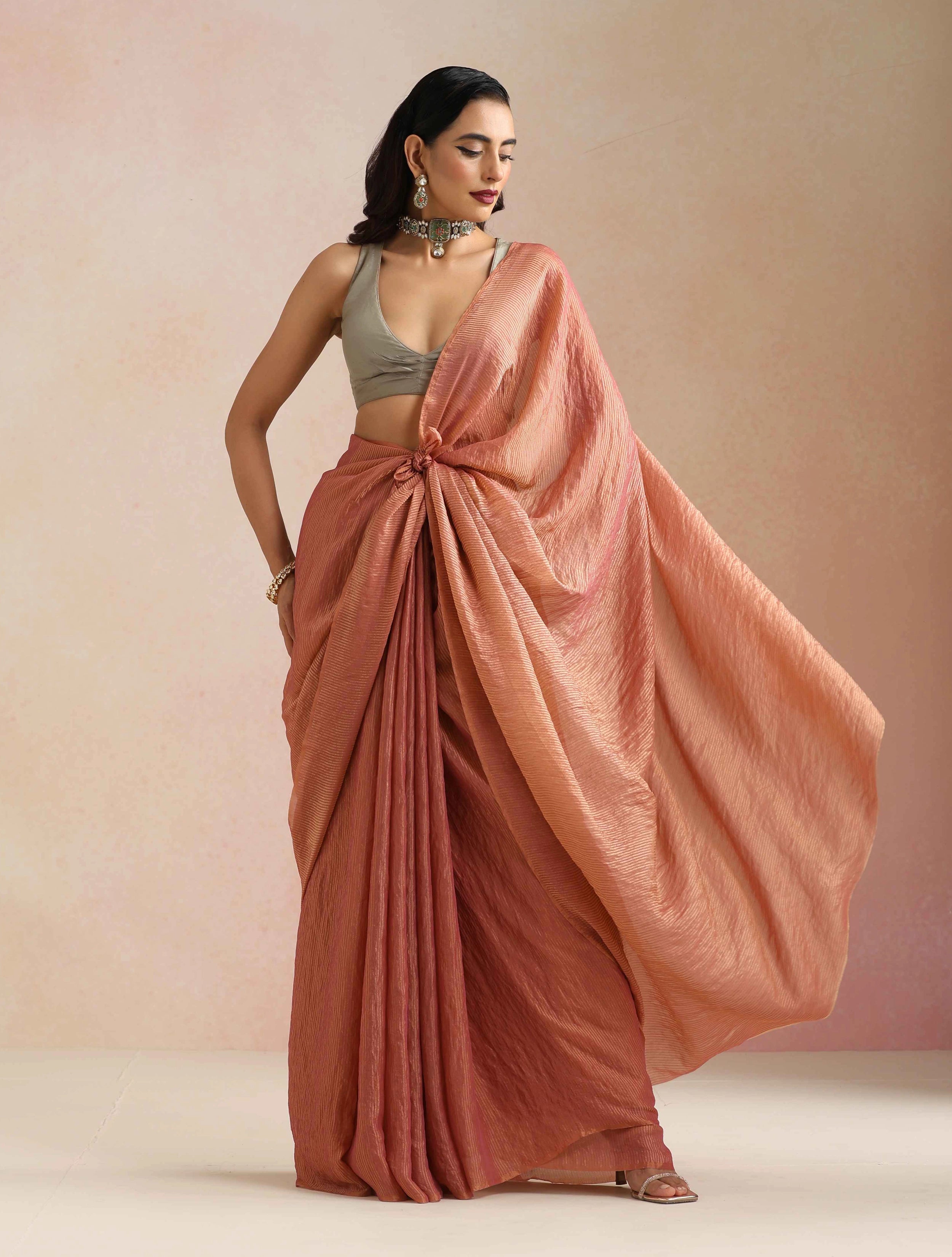 trueBrowns Peach Copper Tissue Saree With Unstitched Blouse