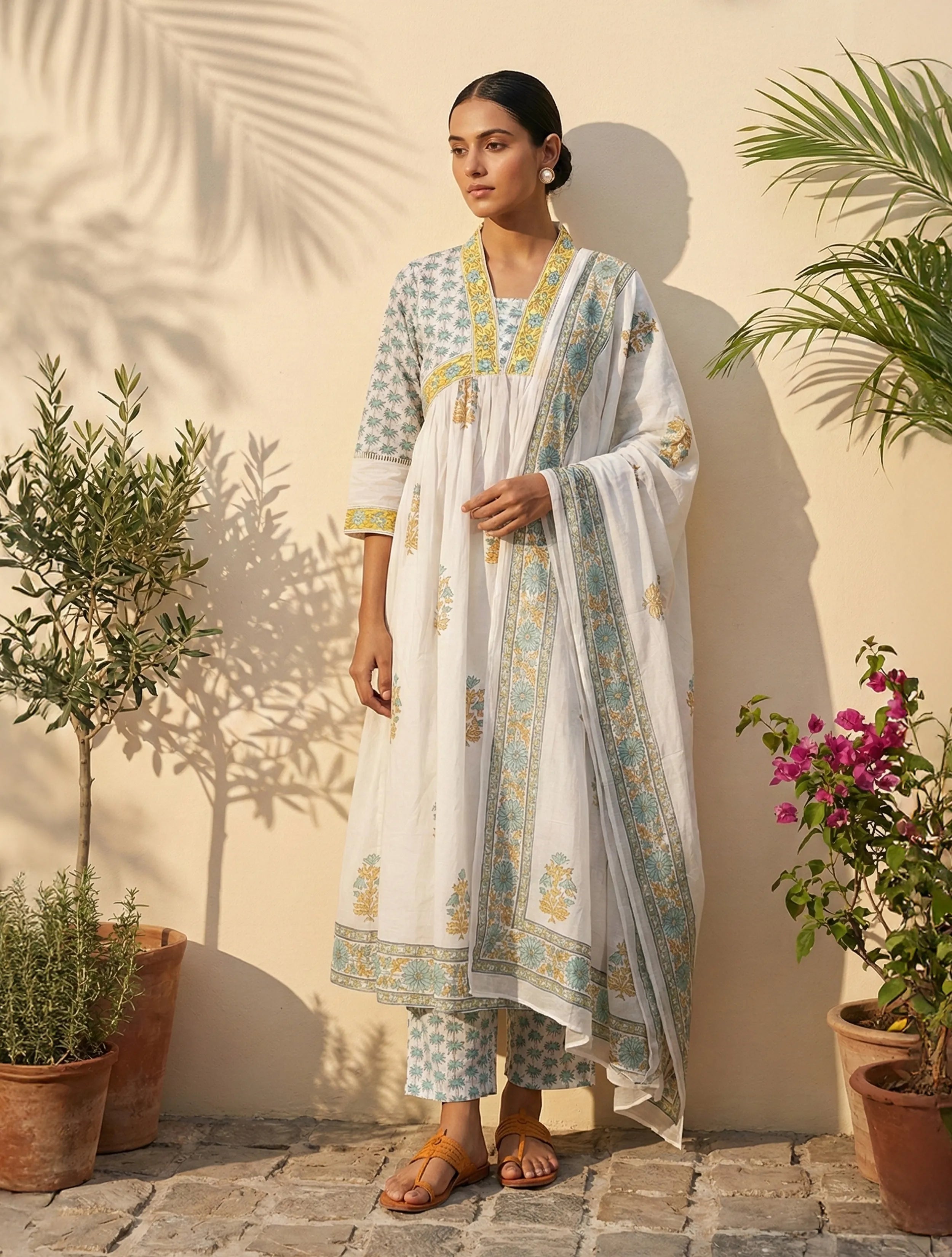 trueBrowns White Yellow Printed Anarkali Kurta Pant Dupatta Set