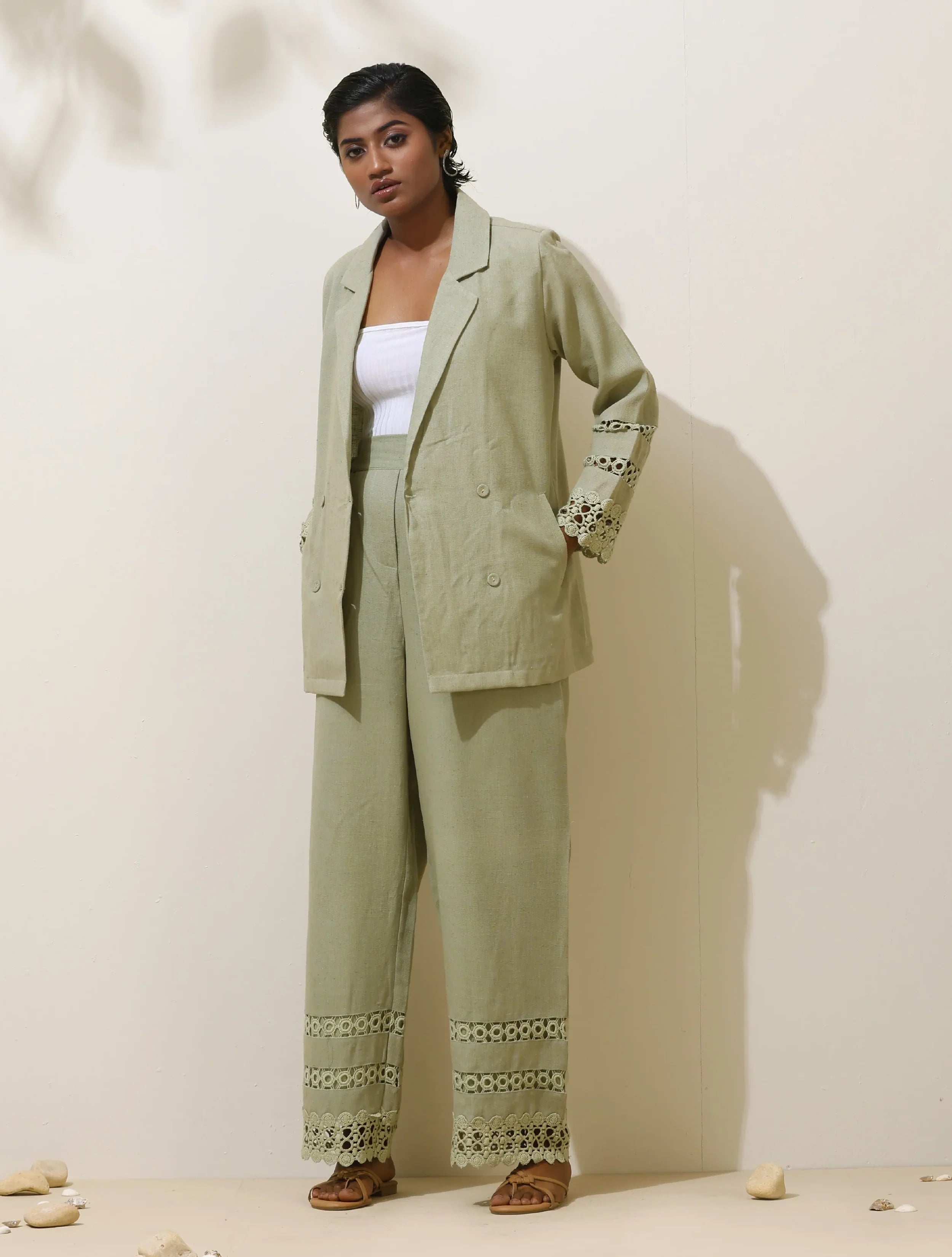trueBrowns Matcha Green Crochet Natural Cotton Blazer Co-ord Set
