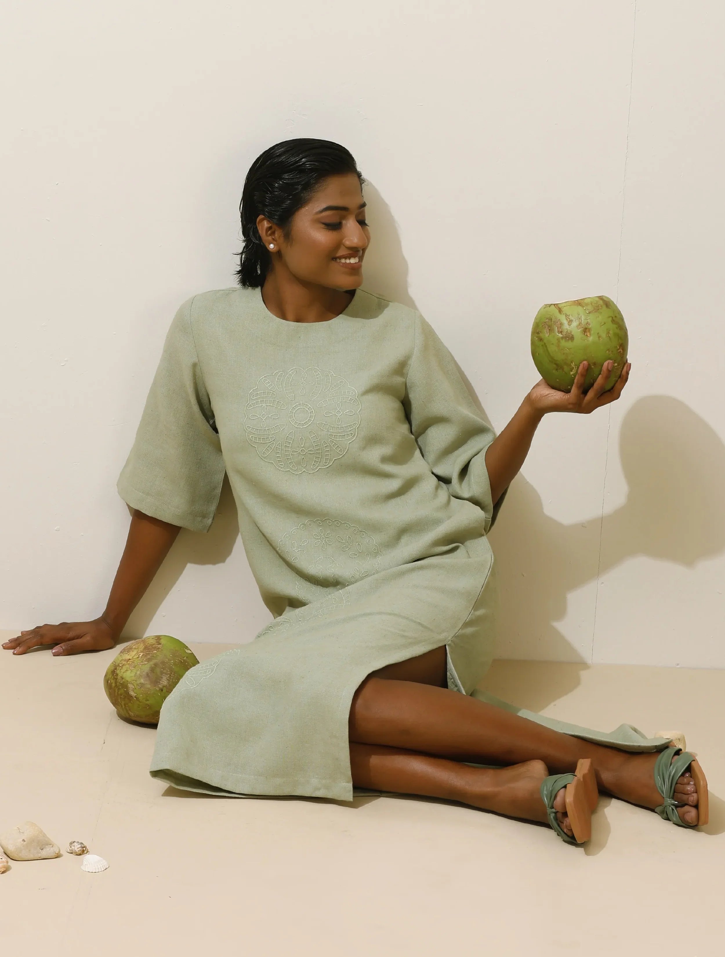 trueBrowns Patcholi Green Embroidered Natural Cotton Dress