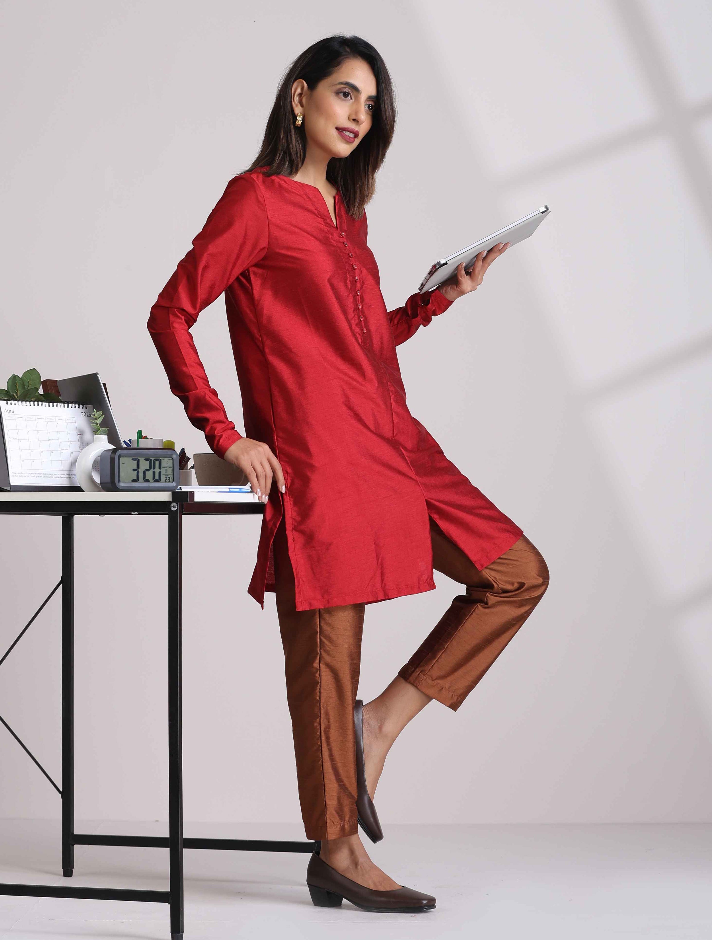 trueBrowns Red Silk Kurta Co-ord Set