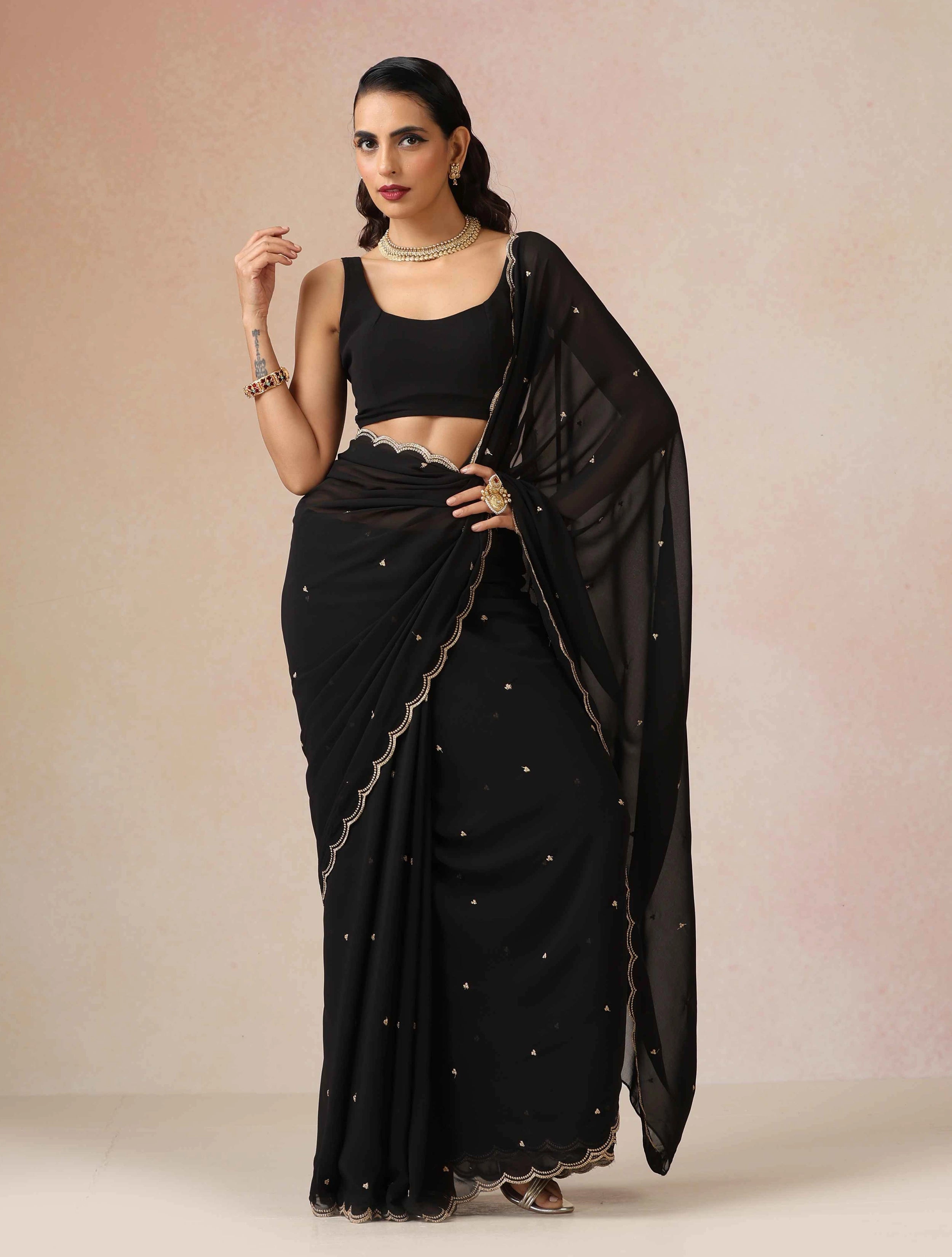 trueBrowns Black Georgette Embroidered Saree With unstitched Blouse