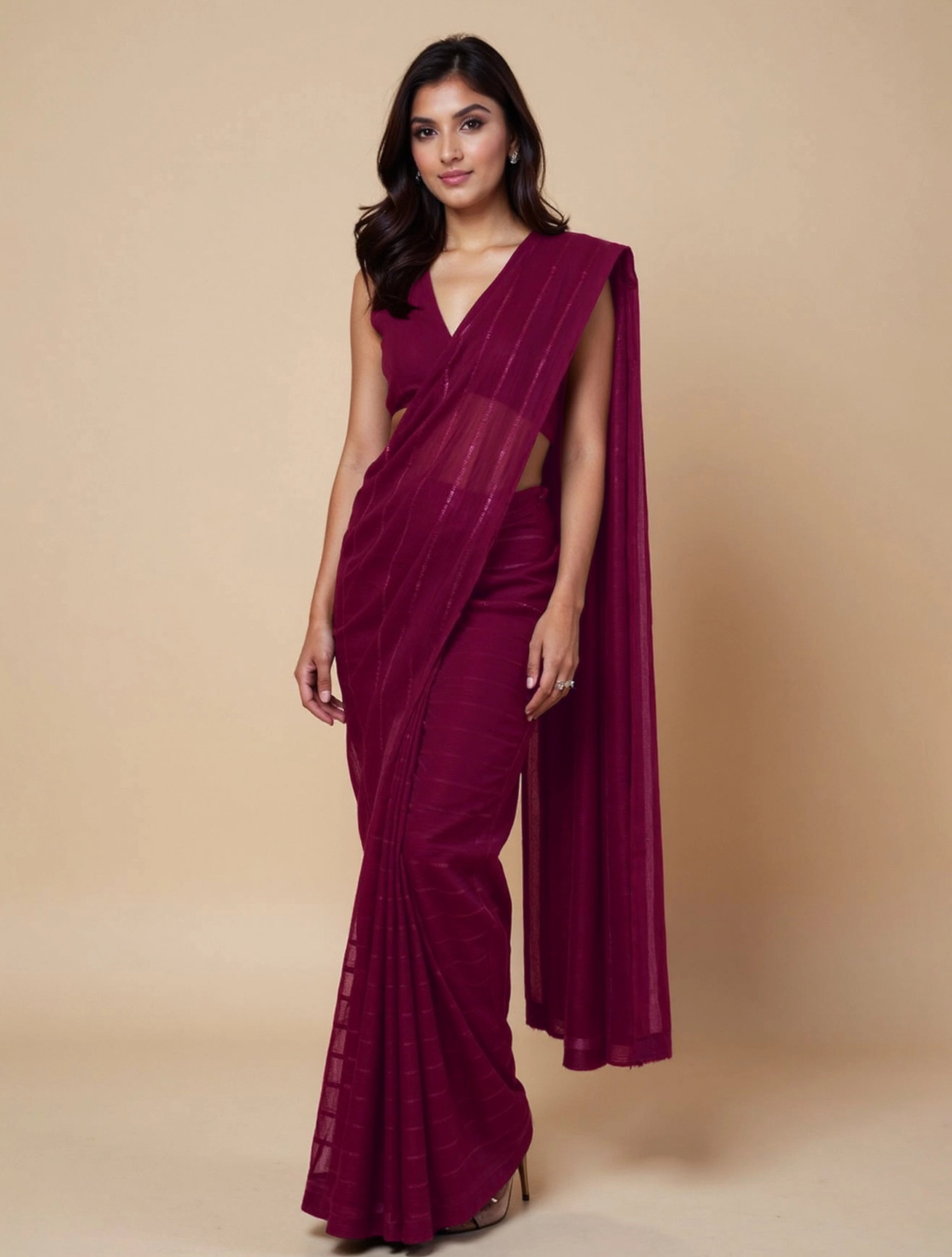 trueBrowns Wine Stripe Saree With Unstitched Blouse