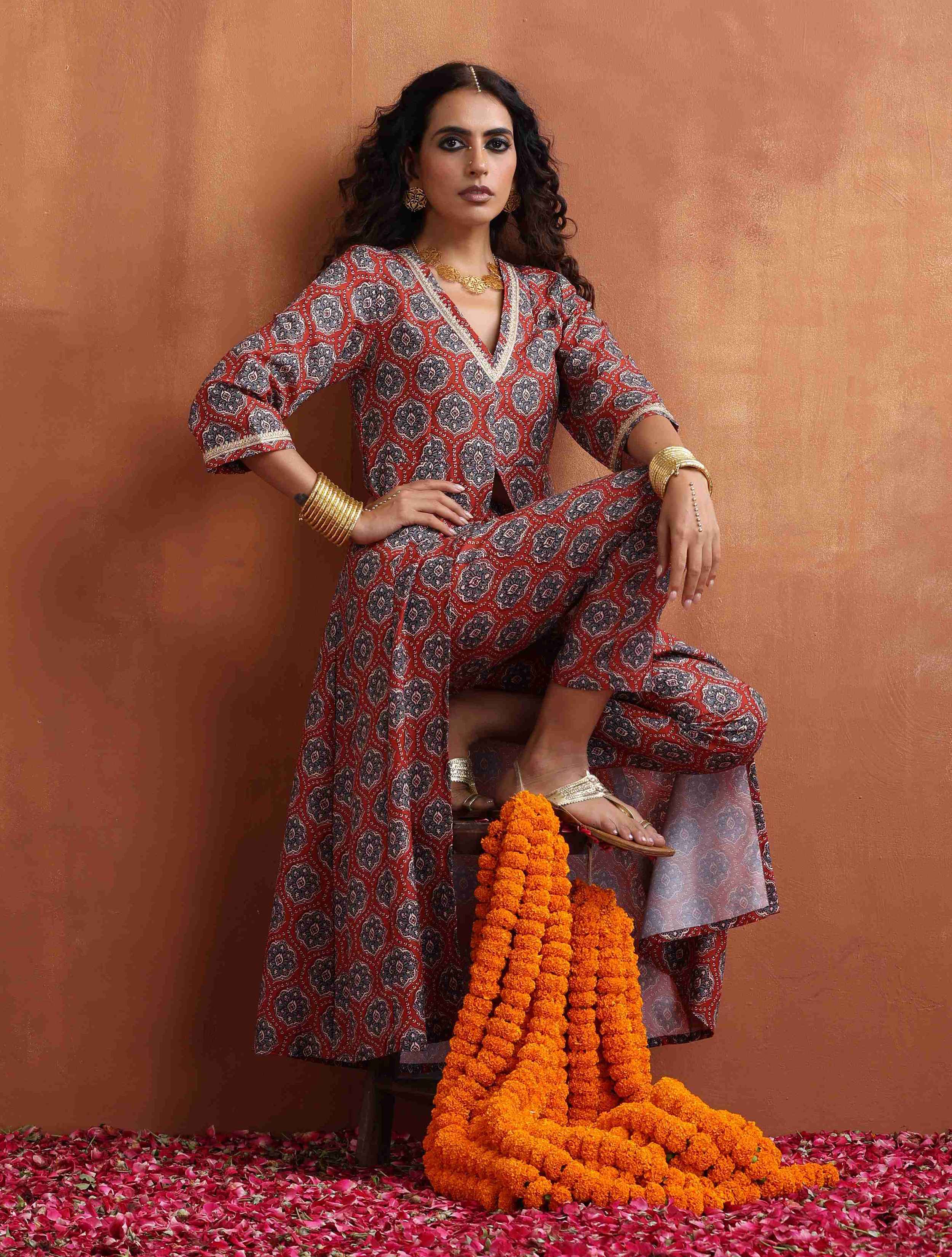 trueBrowns Rust Ajrak Print Slit Kurta Set