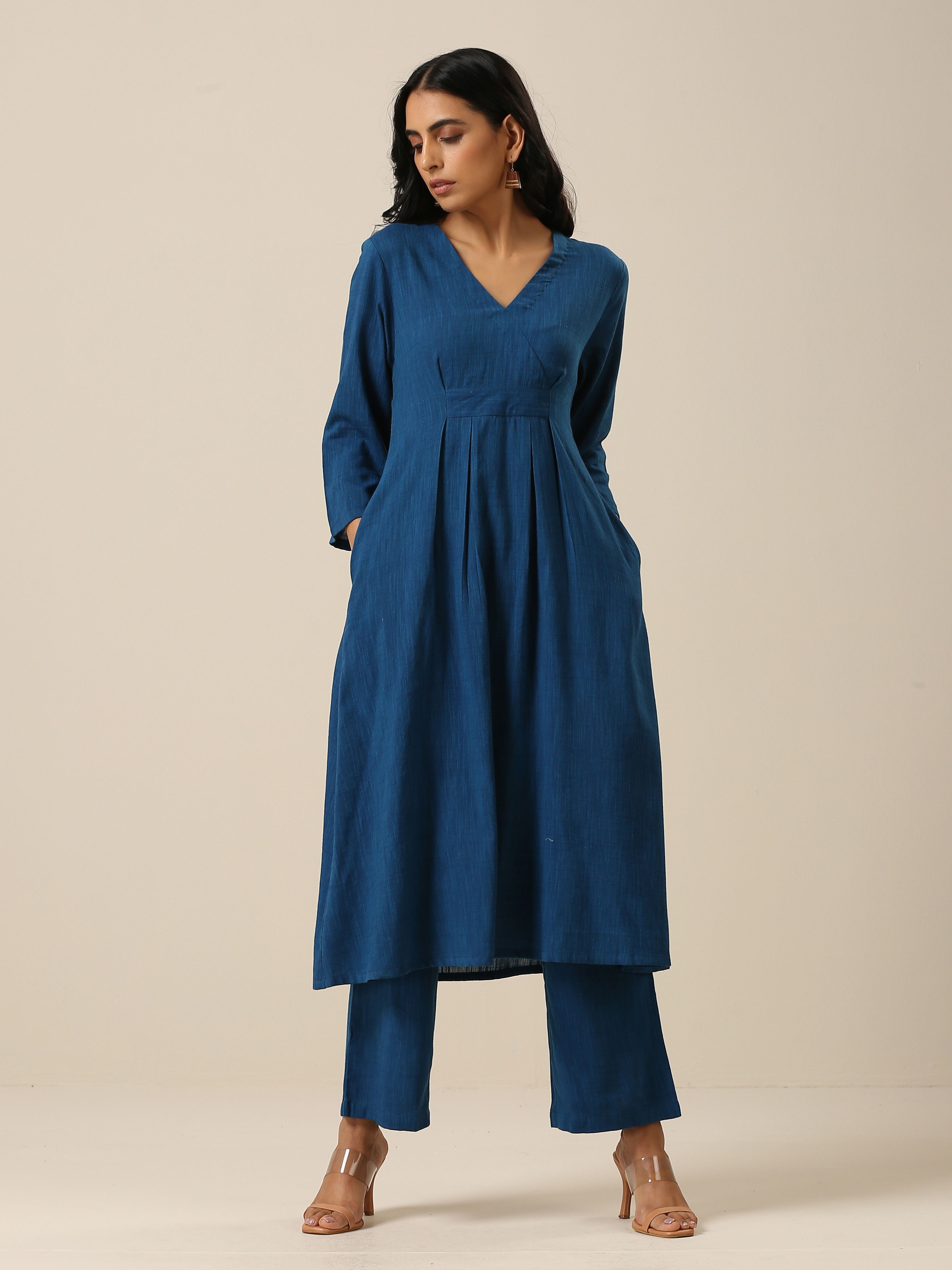 Classic Blue Slub Texture Overlap Pleat Kurta Pant Set