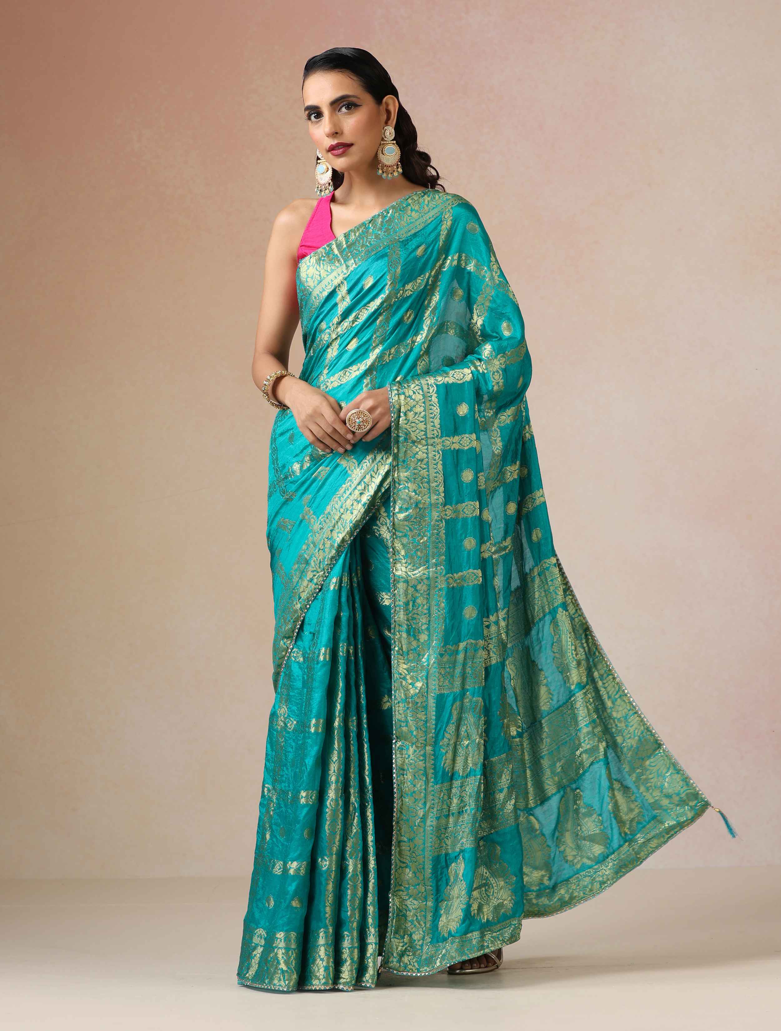 trueBrowns Green Bandhani Jacquard Saree With Unstitched Blouse