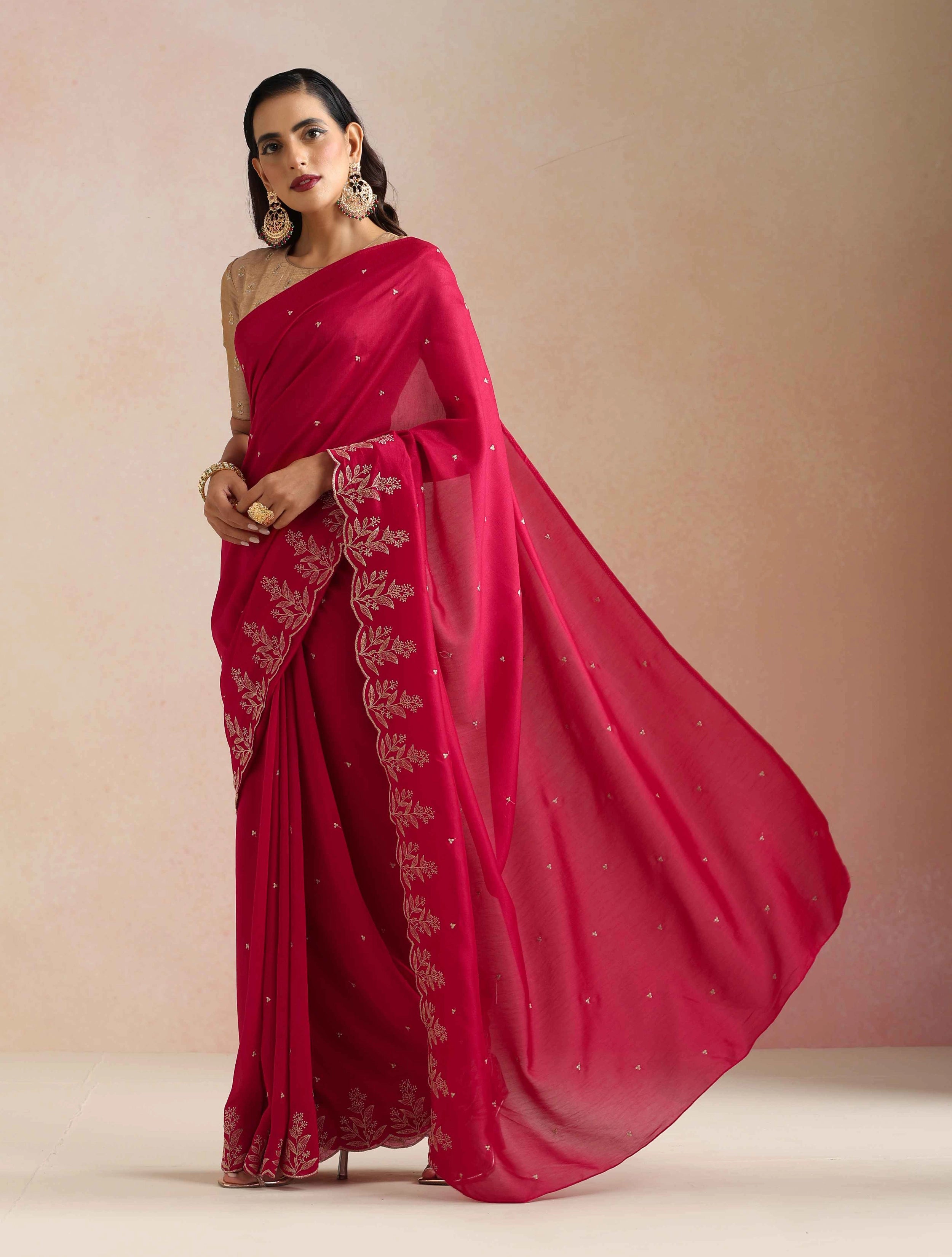trueBrowns Pink All Over Zari Embroidered Saree With Unstitched Blouse