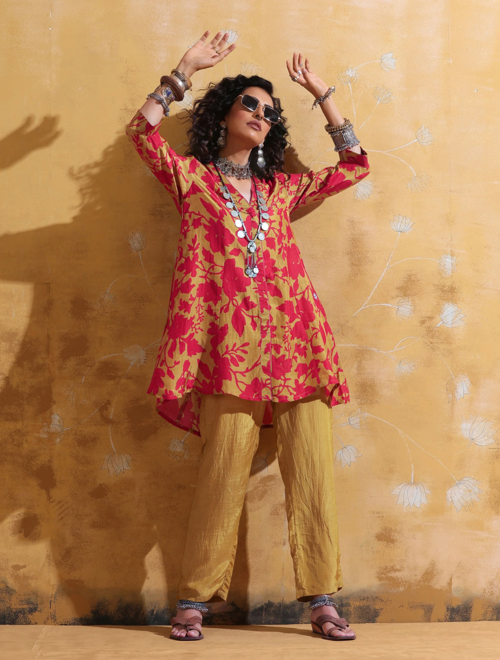 trueBrowns Red Mustard Jaal Print Muslin SIlk A-Line Co-ord Set