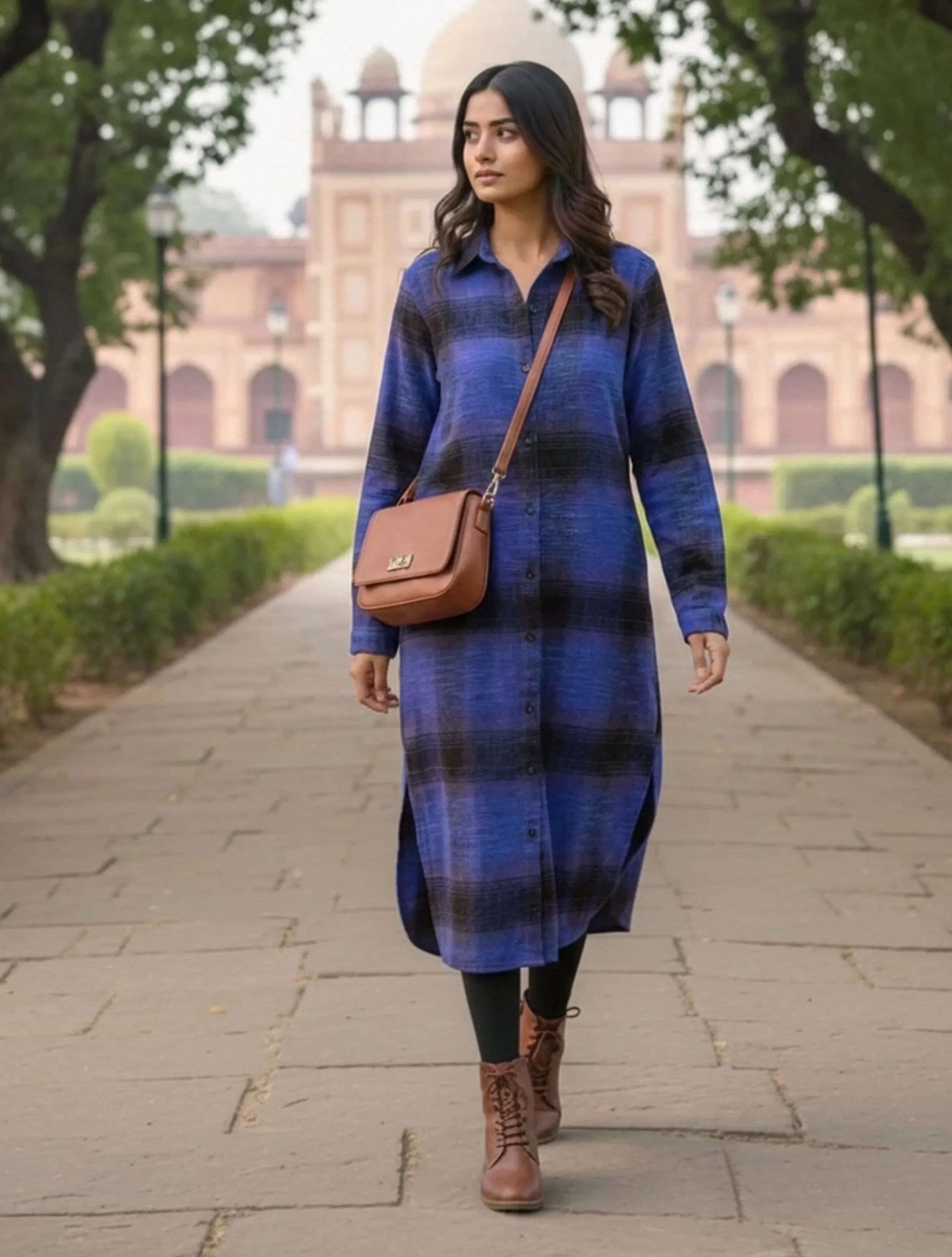 trueBrowns Purple Black Check Woollen Long Shirt Dress