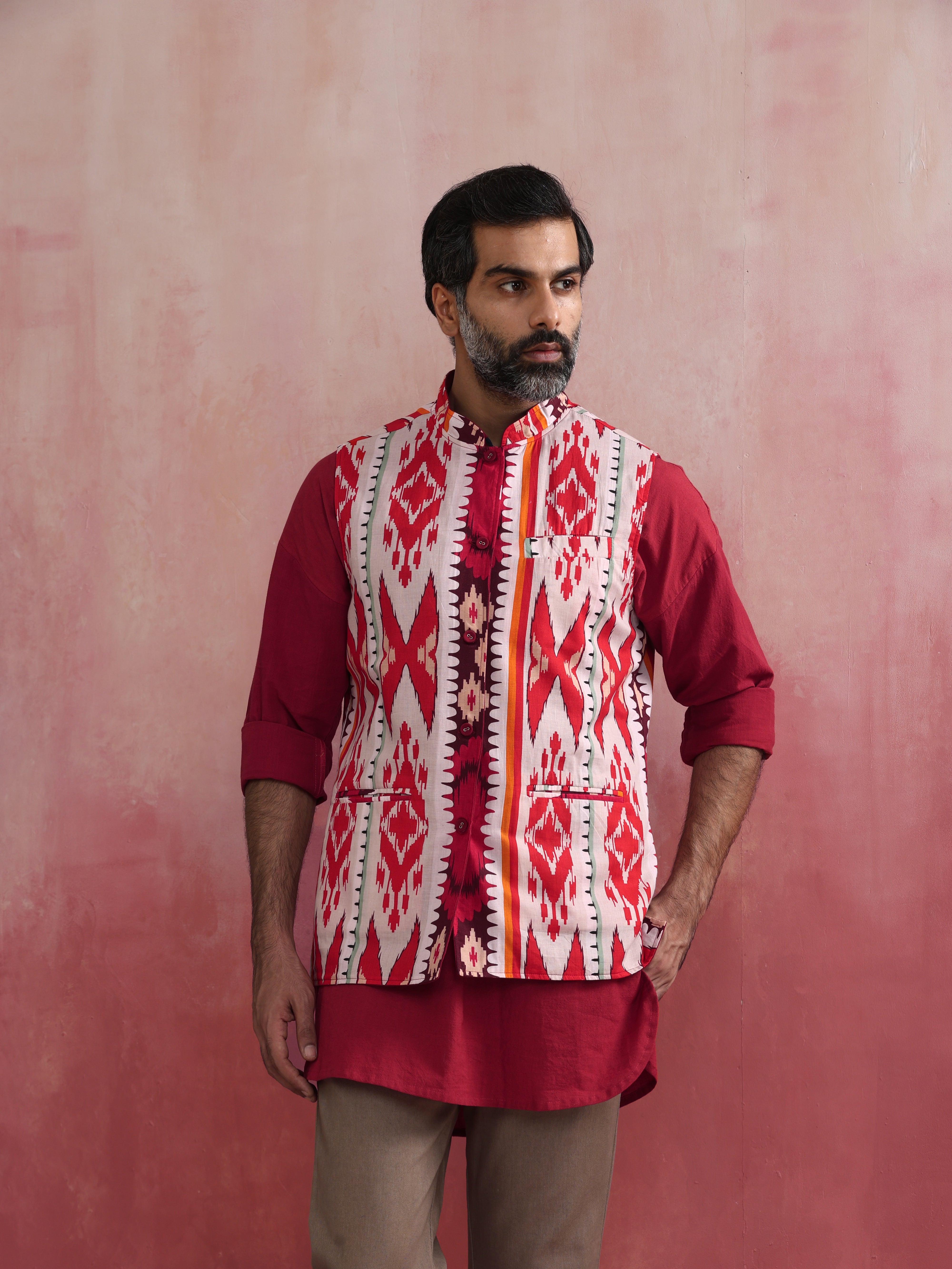 trueBrowns Men's Maroon Ikat Reversible Nehru Jacket