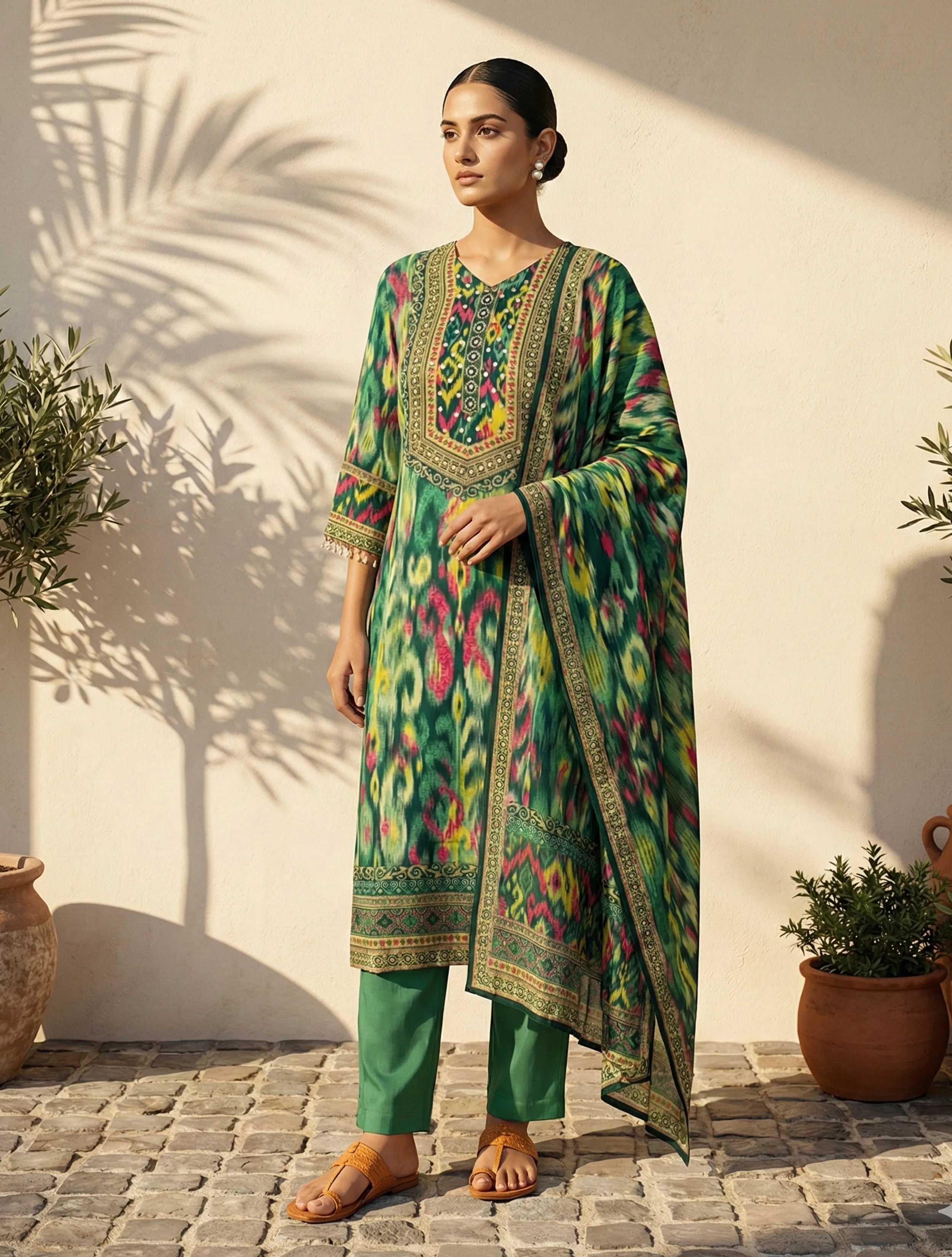 trueBrowns Green Ikat Print Embroidered V-Neck Kurta Pant Dupatta Set