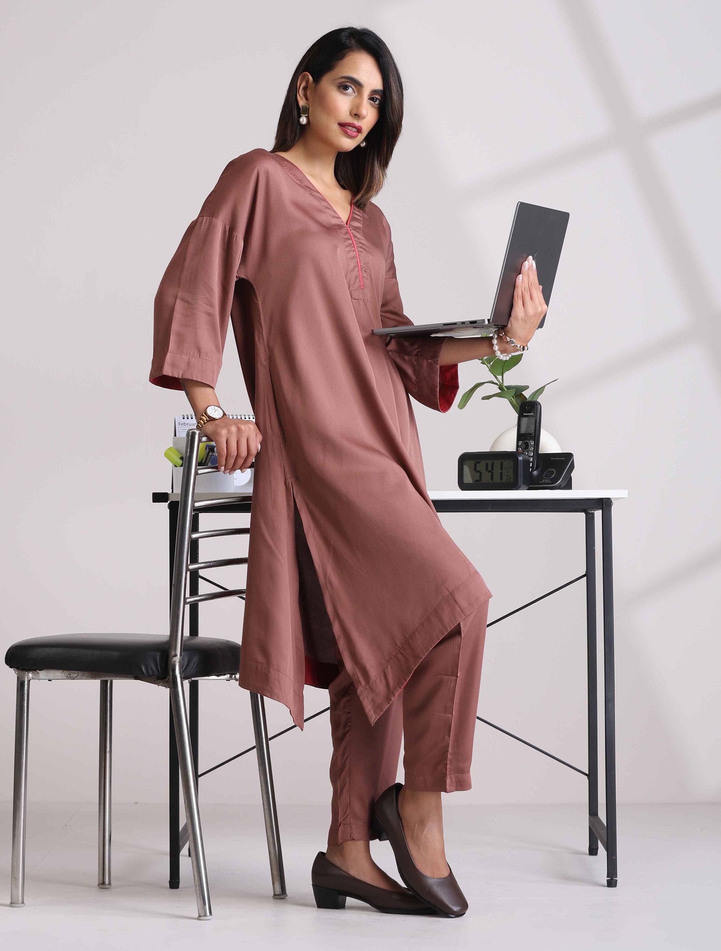 trueBrowns Brown Modal High low Kurta Set