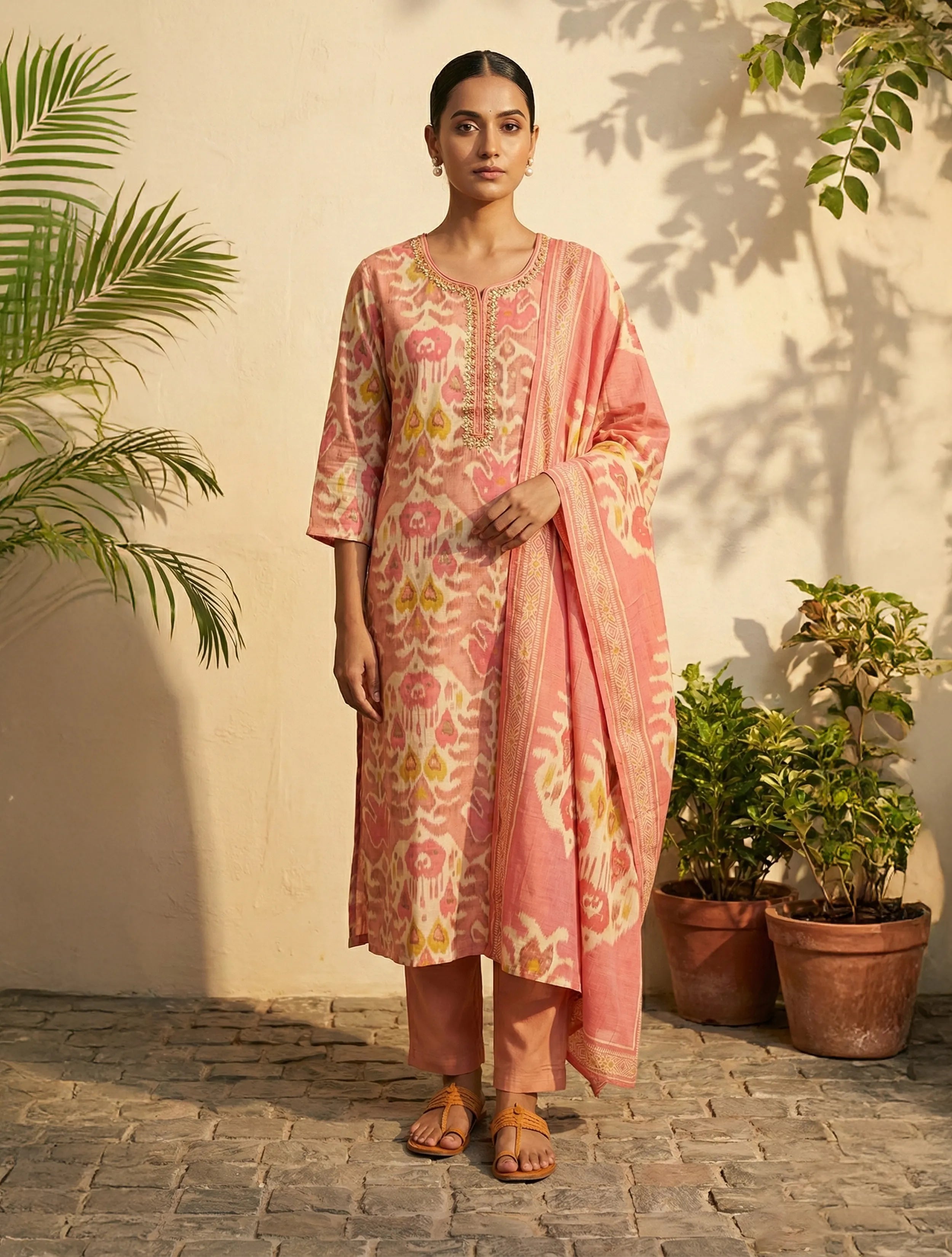 trueBrowns Peach Ikat Print Embroidered Kurta Pant Dupatta Set