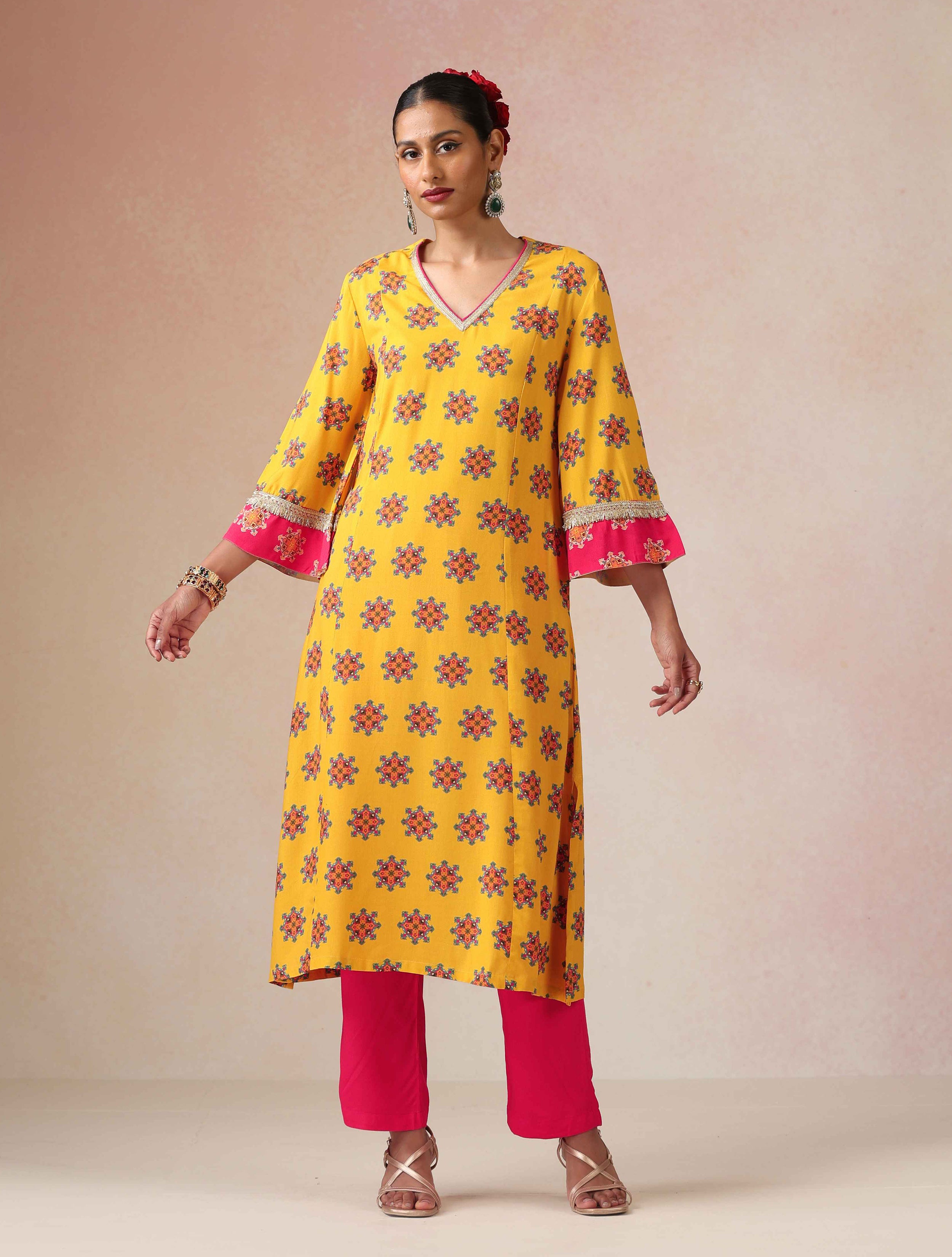 trueBrowns Yellow Boota Print Viscose A-line Kurta Set