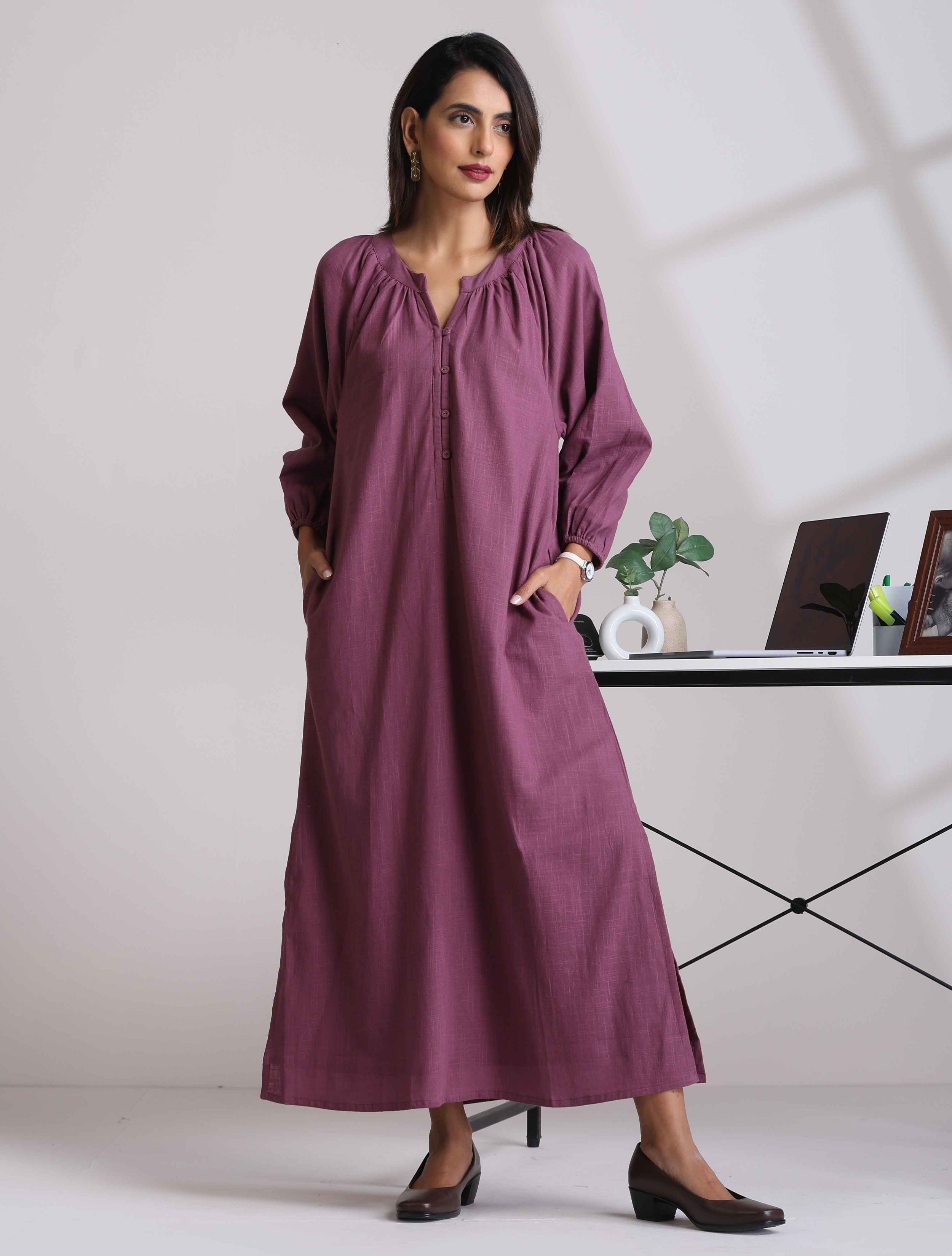 trueBrowns Light Purple Cotton Dobby Dress