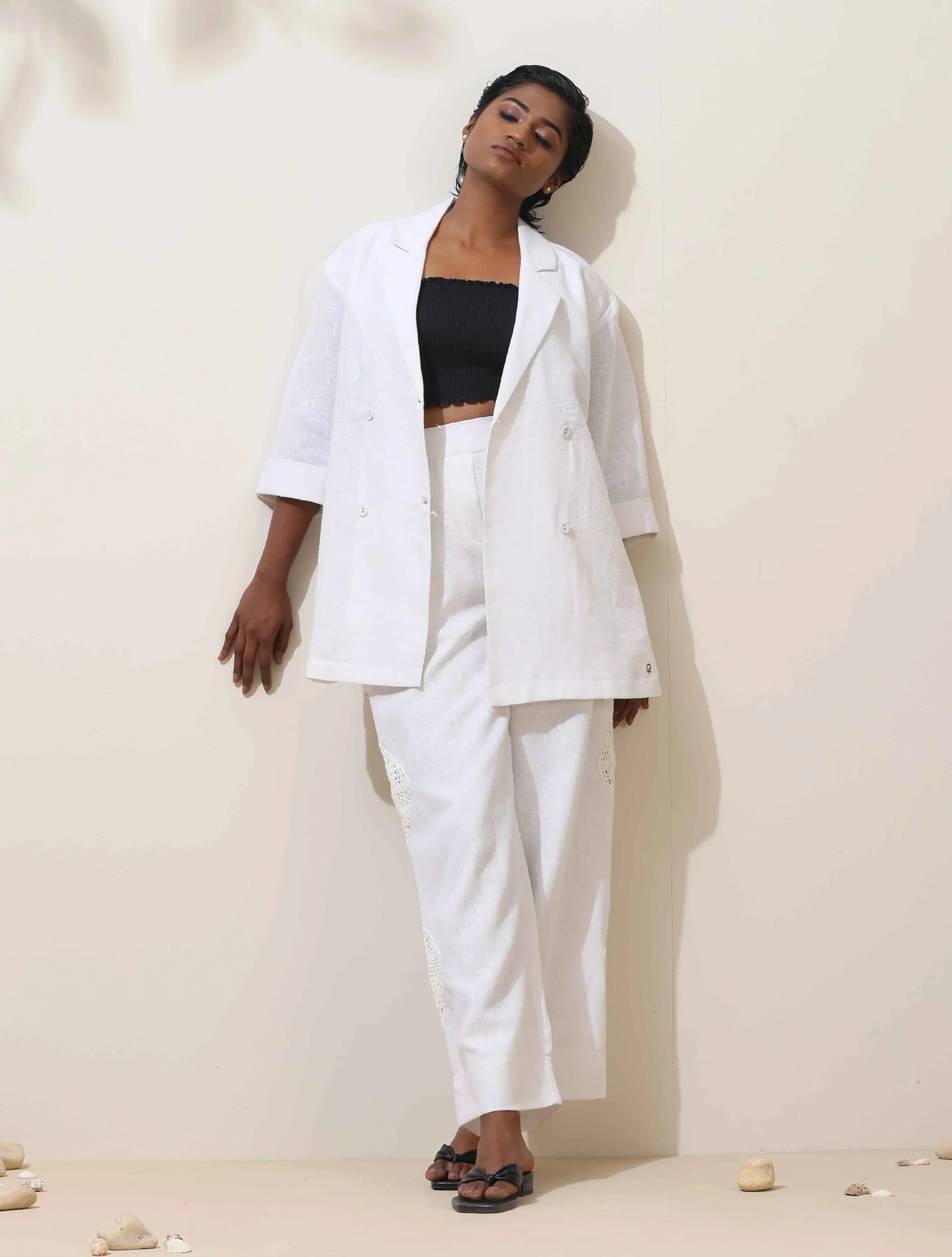 trueBrowns Indus White Crochet Natural Cotton Blazer Co-ord Set
