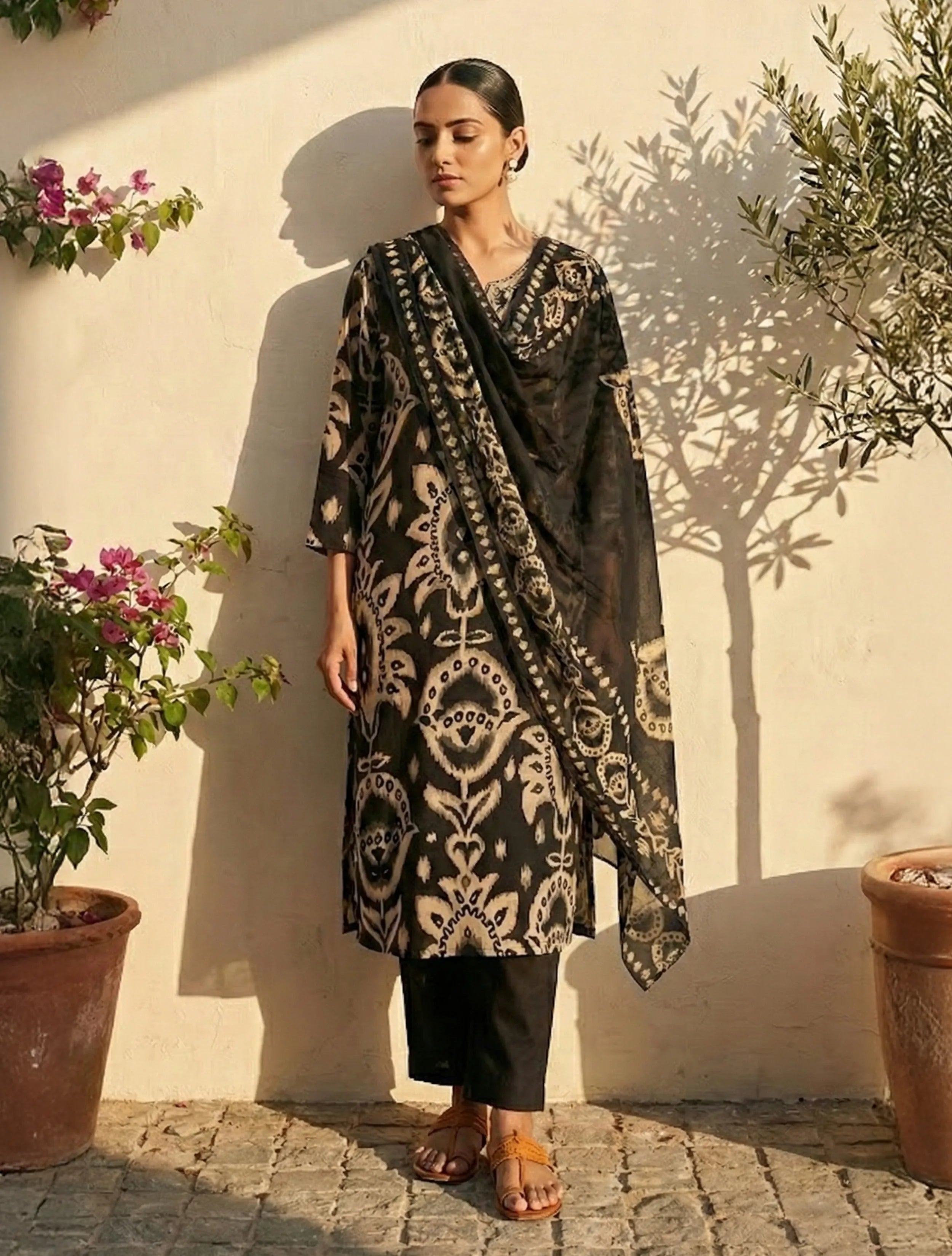 trueBrowns Black Print Embroidered Round Neck Kurta Pant Dupatta Set