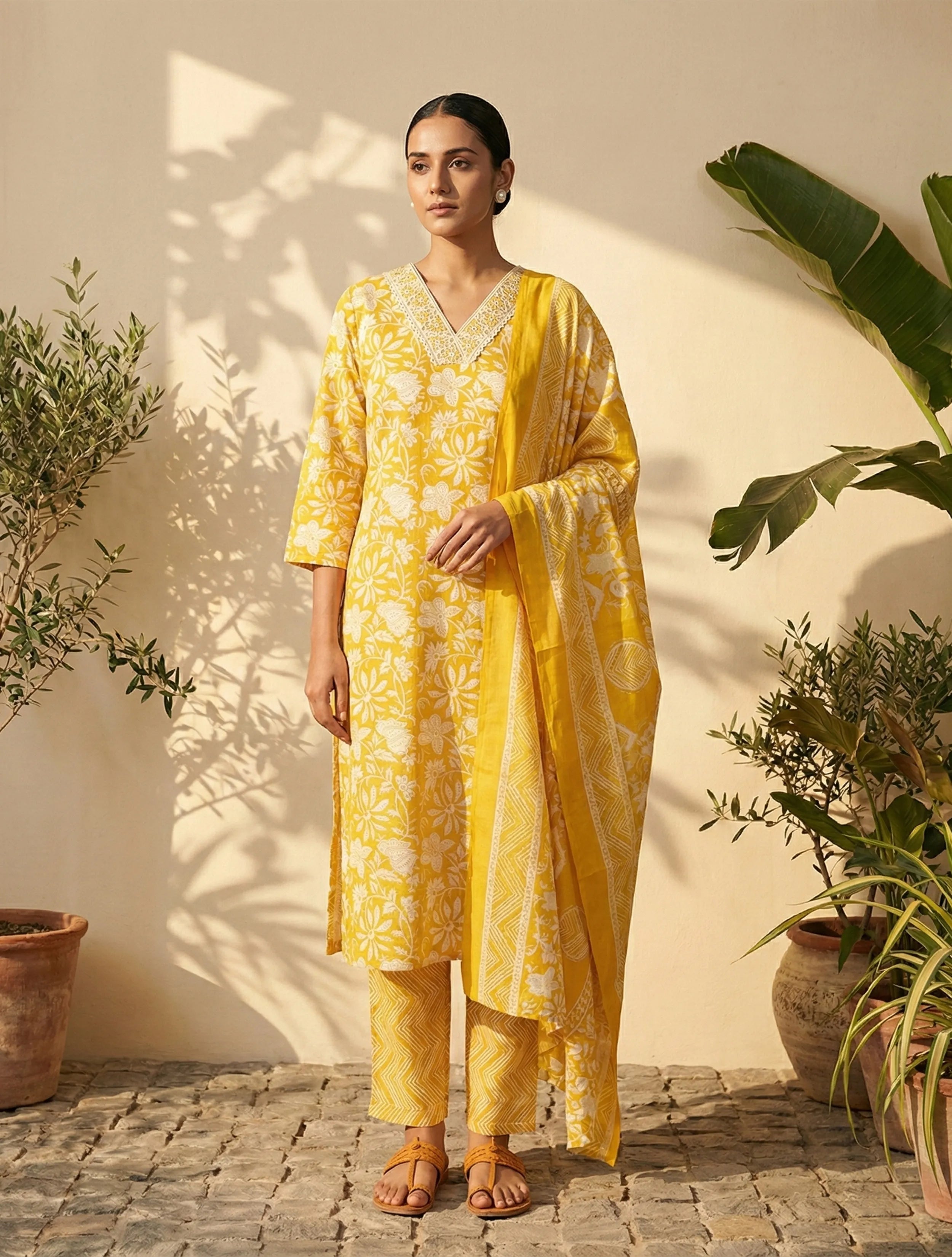 trueBrowns Yellow Floral Print Kurta Pant Dupatta Set