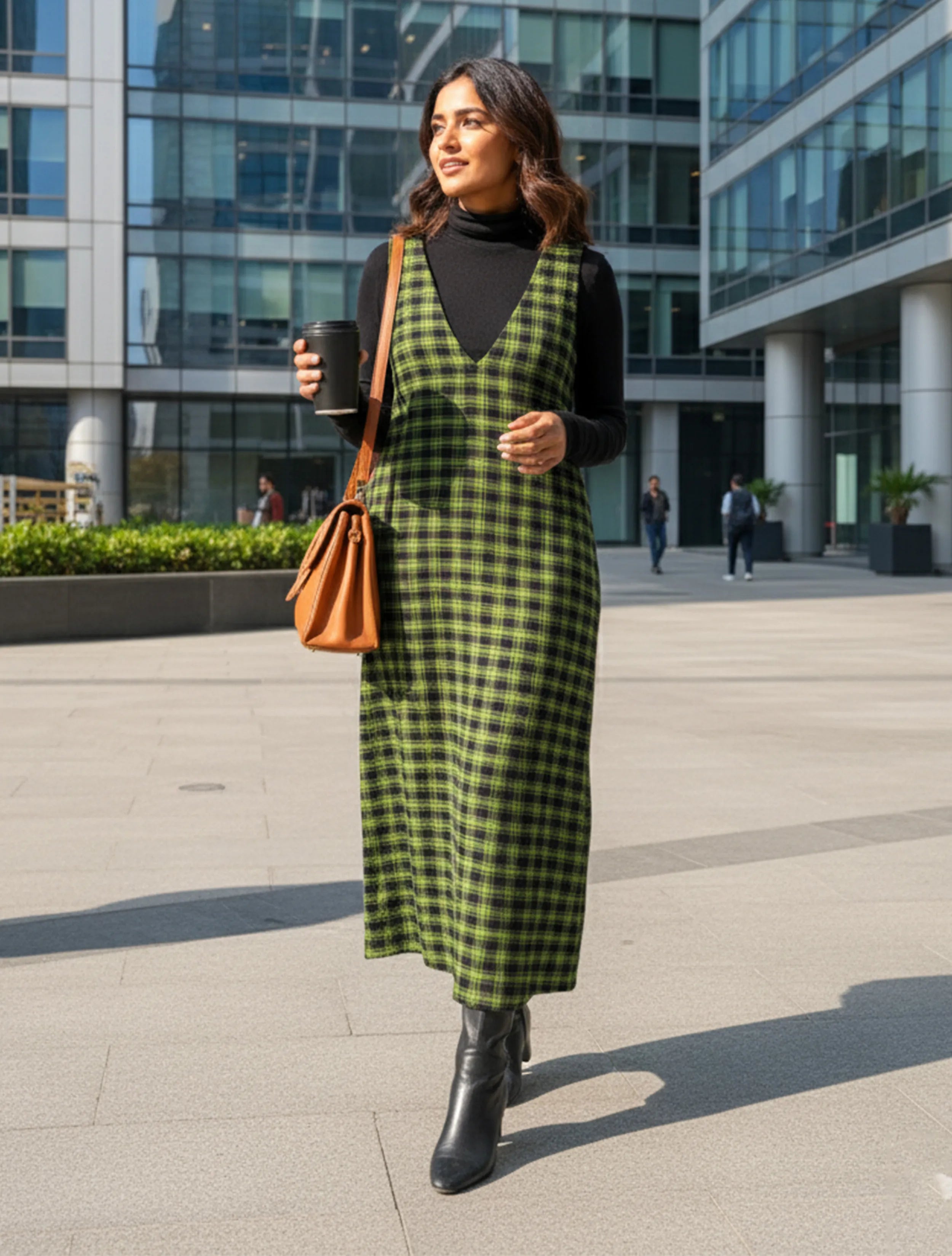 trueBrowns Green Black Sleeveless Check Woollen Dress
