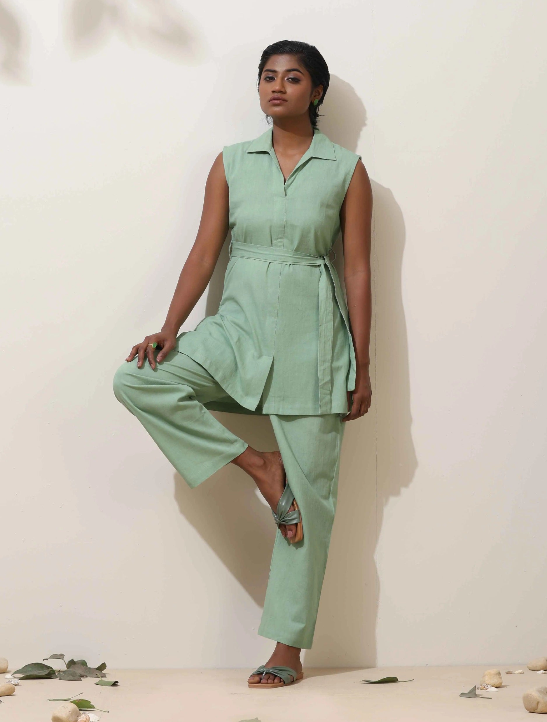 trueBrowns Mint Green Cotton Linen Co-Ord Set