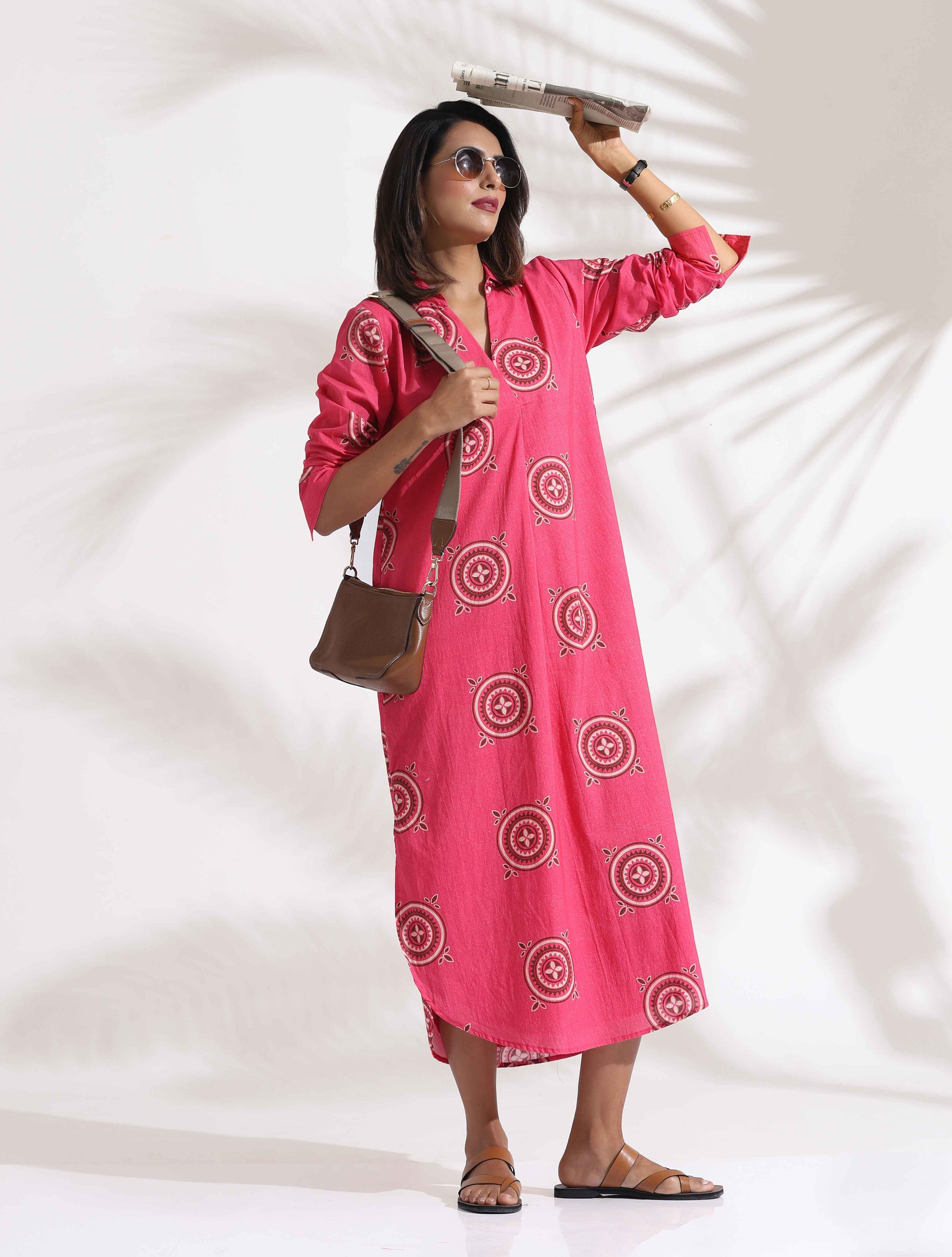 trueBrowns Pink Cotton Print A-line Dress